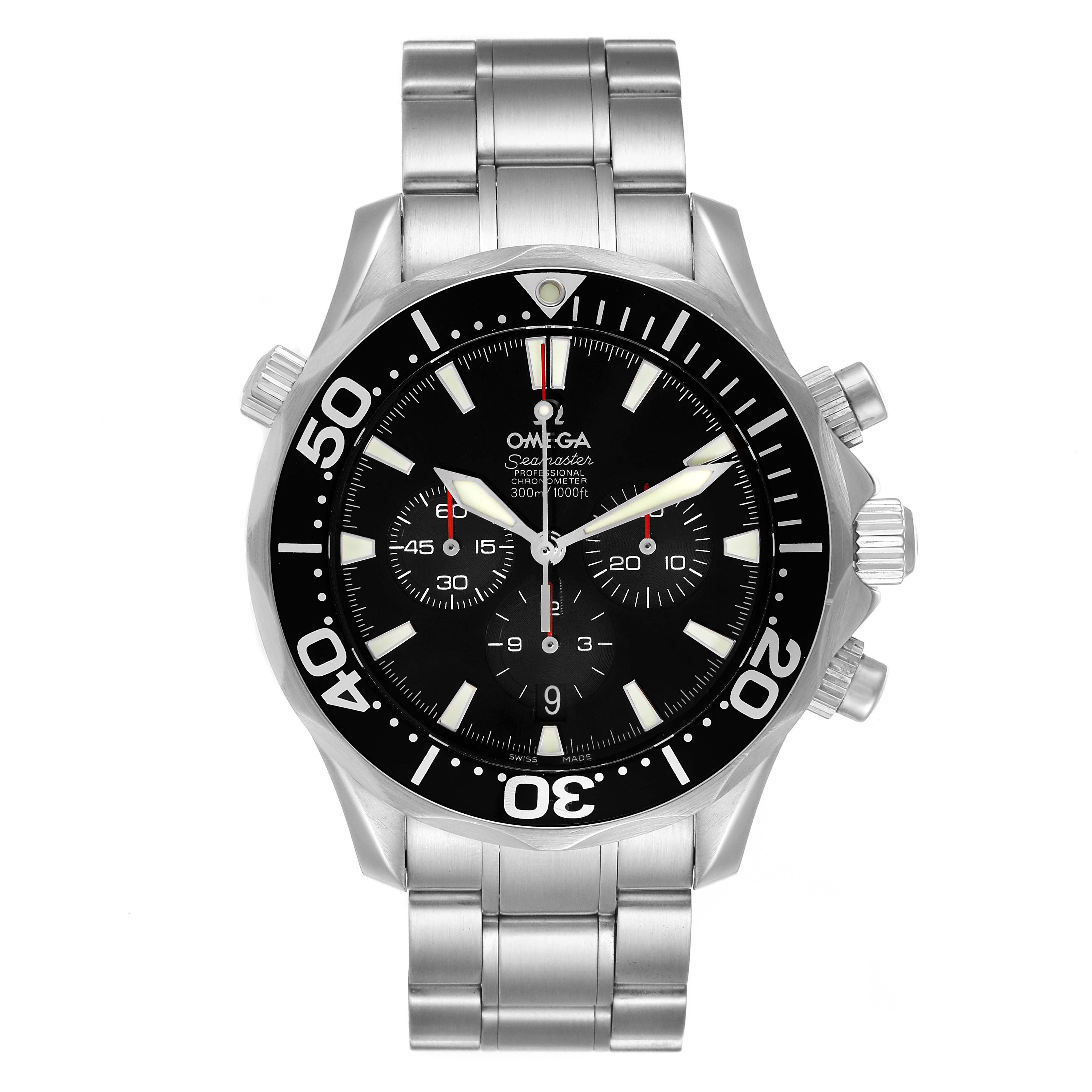 This Omega Seamaster 2594.52.00 Men's Stainless Steel Black Dial 2594.52.00 Men's Stainless Steel Black Dial watch is shown from a front angle, showcasing the dial, bezel, and stainless steel bracelet.