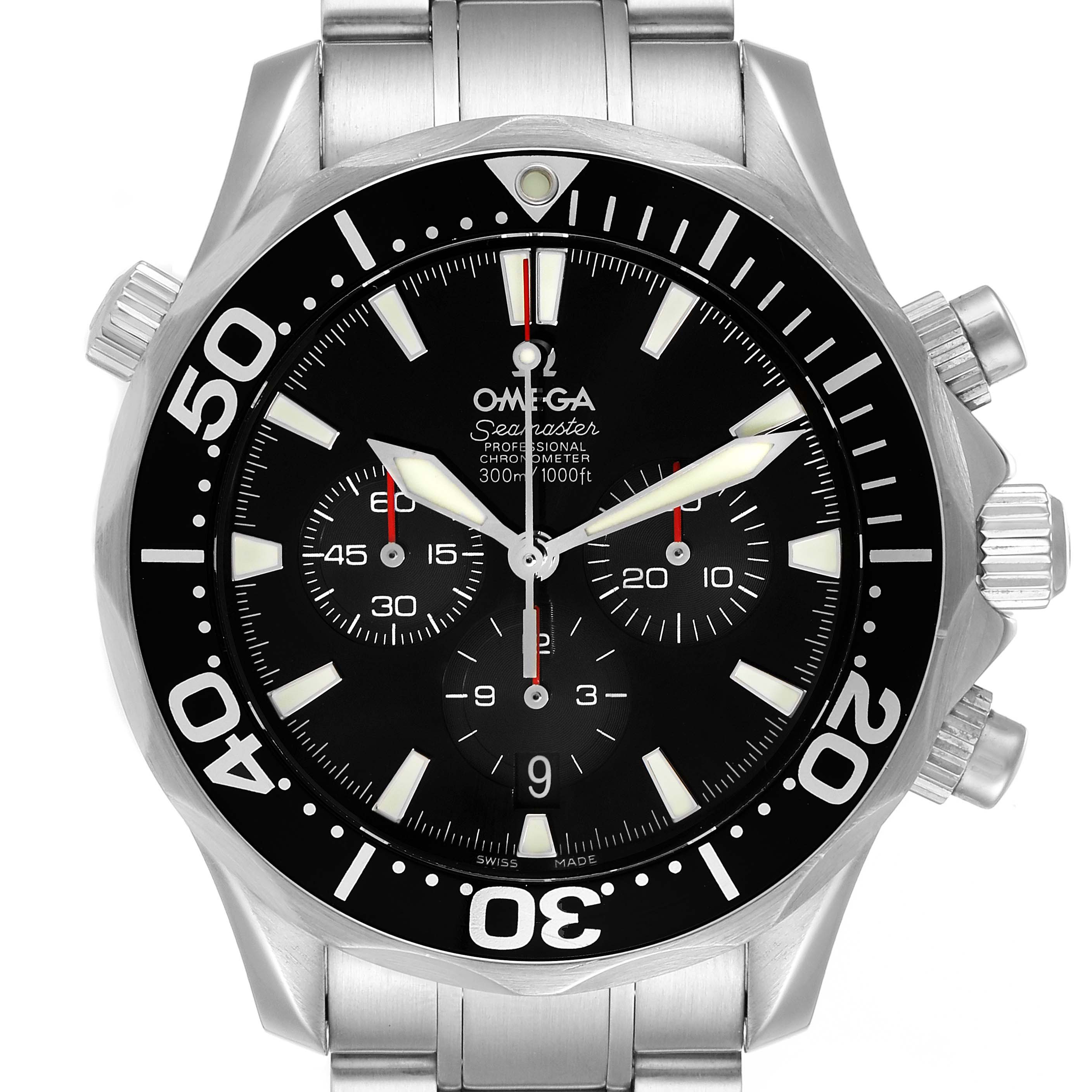 The image shows a front view of an Omega Seamaster 2594.52.00 Men's Stainless Steel Black Dial 2594.52.00 Men's Stainless Steel Black Dial watch displaying its face, bezel, and bracelet.
