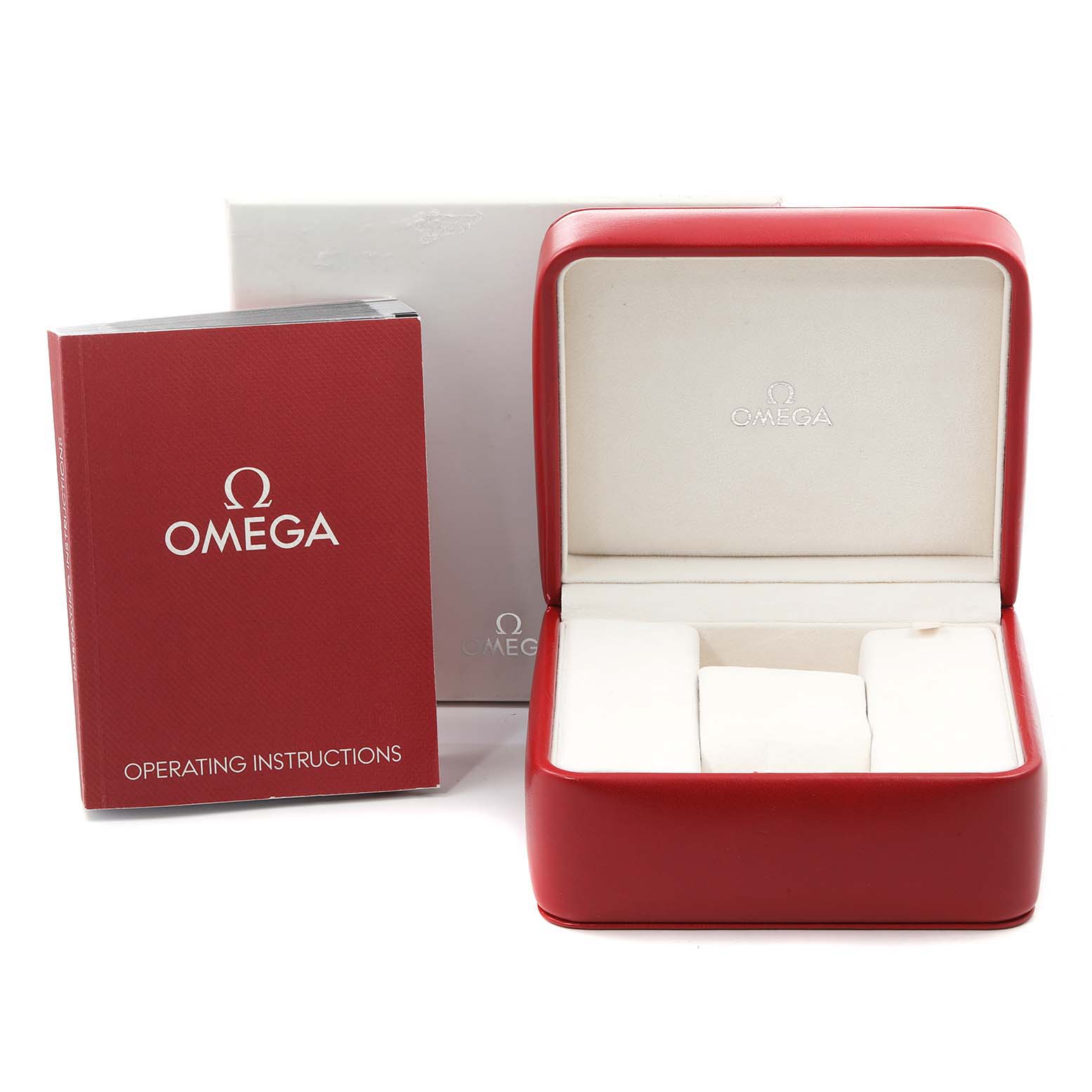 The image shows an Omega Seamaster 2594.52.00 Men's Stainless Steel Black Dial 2594.52.00 Men's Stainless Steel Black Dial watch box, an instruction manual, and a white outer box.