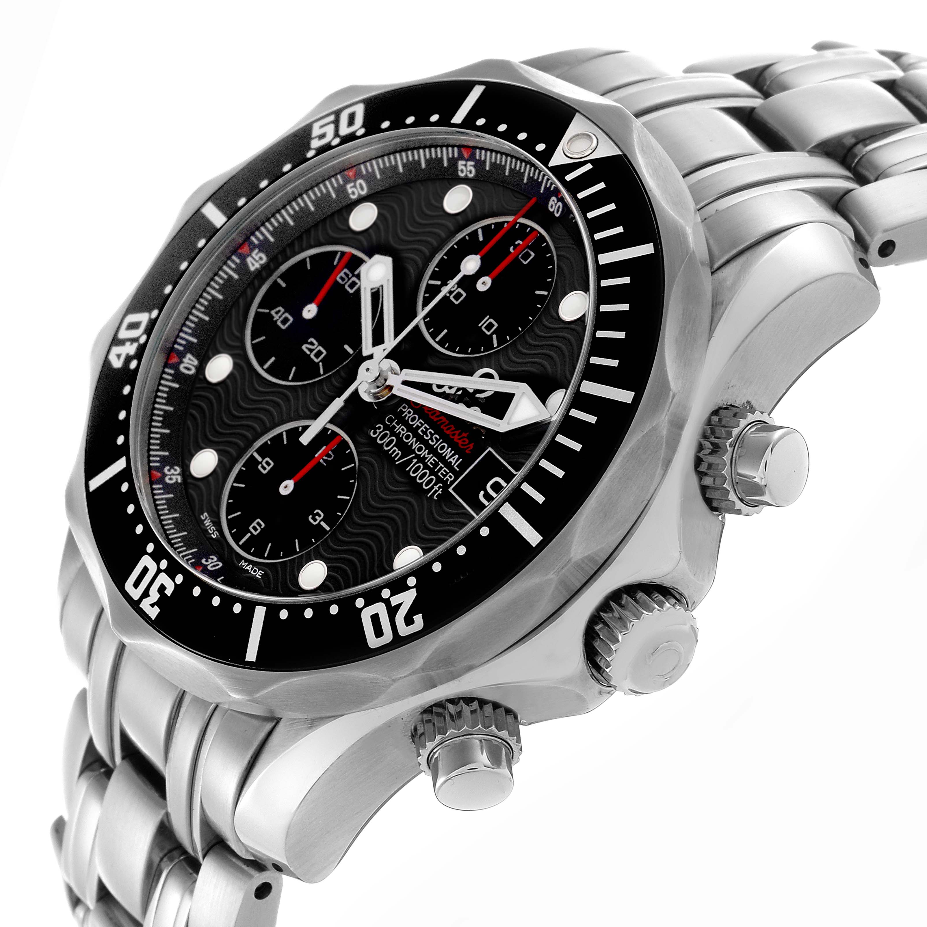 The Omega Seamaster 213.30.42.40.01.001 Men's Stainless Steel Black Dial 213.30.42.40.01.001 Men's Stainless Steel Black Dial watch is shown at an angled side view, highlighting the bezel, dial, pushers, and bracelet.
