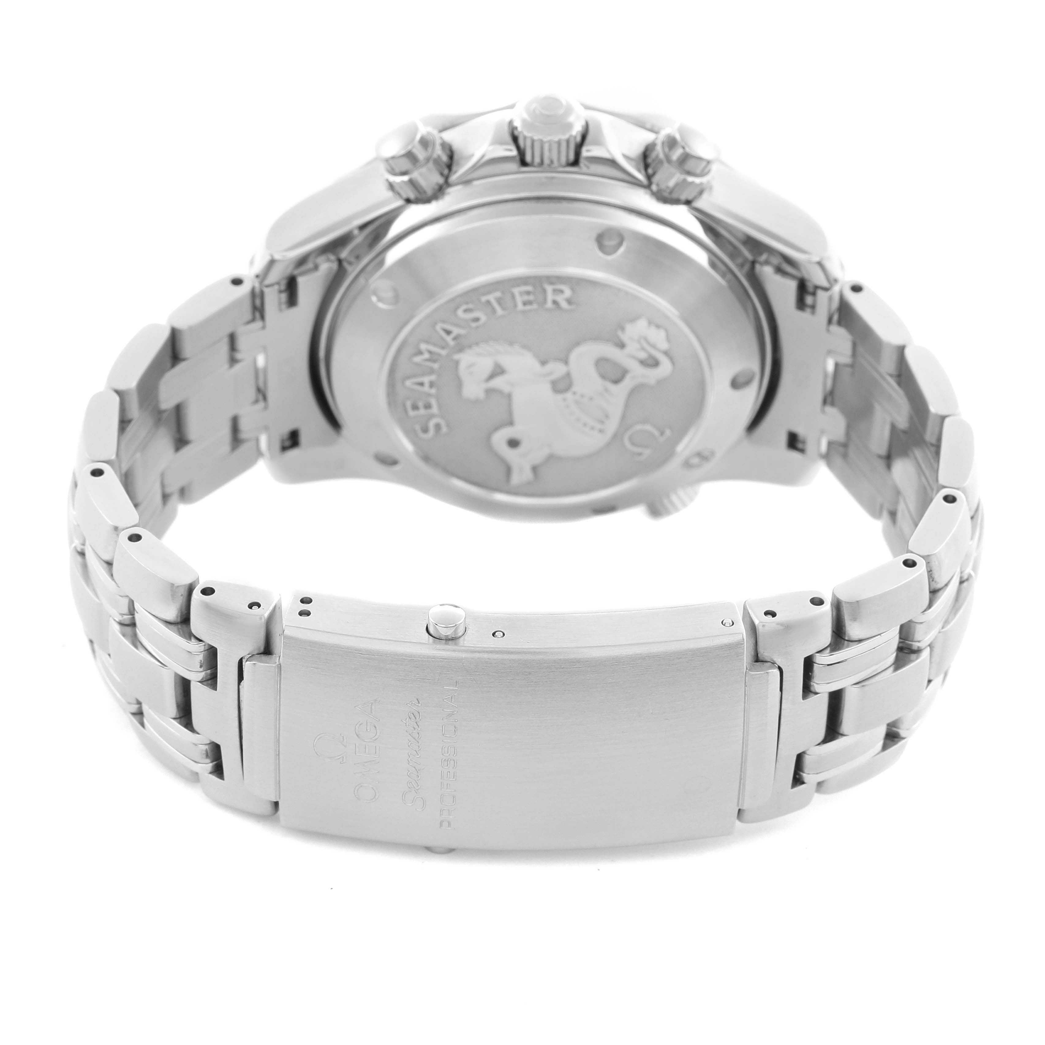 The image shows the back and side view of an Omega Seamaster 213.30.42.40.01.001 Men's Stainless Steel Black Dial 213.30.42.40.01.001 Men's Stainless Steel Black Dial watch, highlighting the case back and stainless steel bracelet clasp.