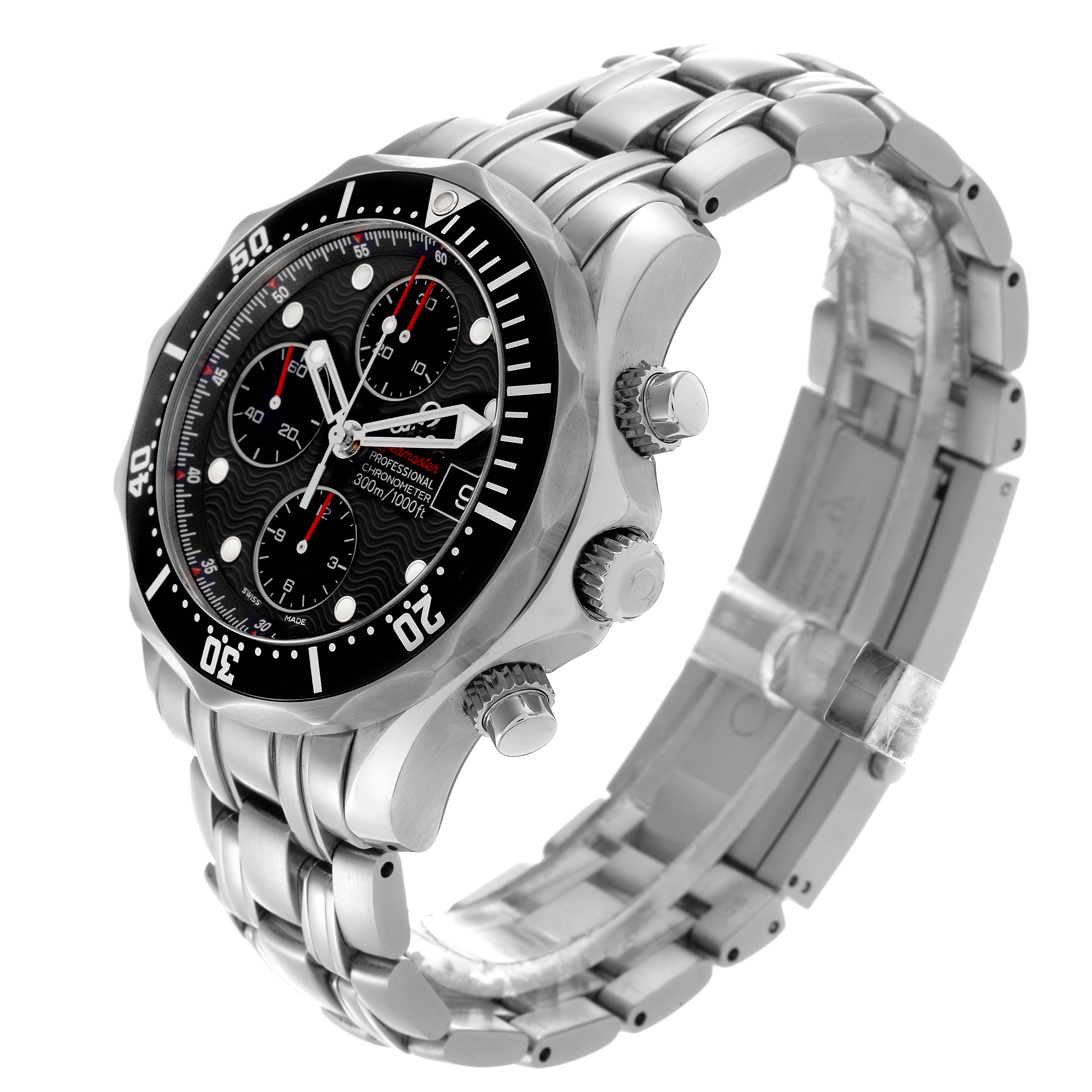 The Omega Seamaster 213.30.42.40.01.001 Men's Stainless Steel Black Dial 213.30.42.40.01.001 Men's Stainless Steel Black Dial watch is shown at a three-quarter angle, displaying the face, bezel, crown, and stainless steel bracelet.