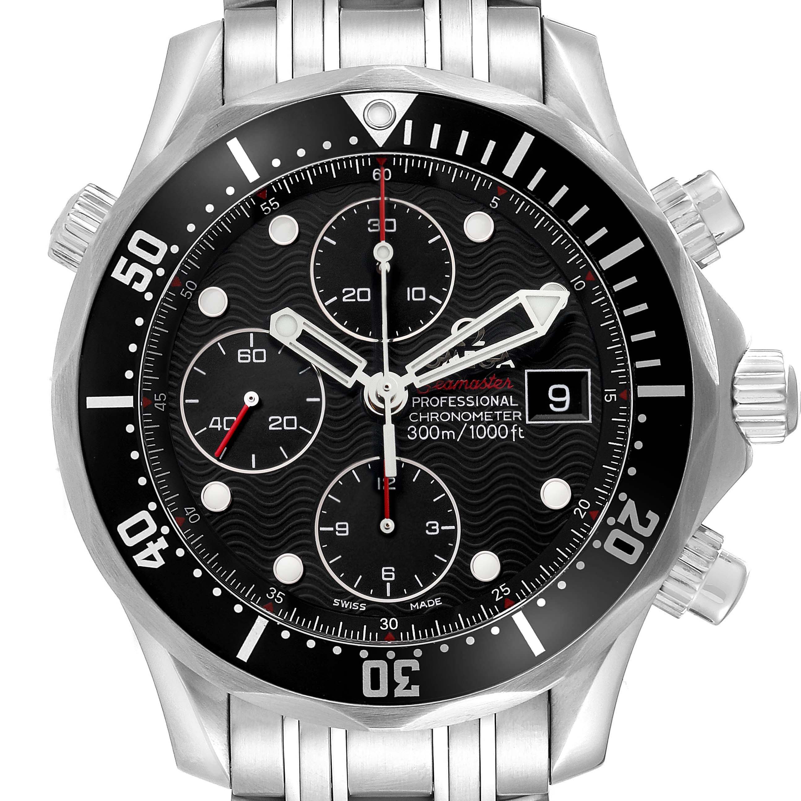 The Omega Seamaster 213.30.42.40.01.001 Men's Stainless Steel Black Dial 213.30.42.40.01.001 Men's Stainless Steel Black Dial watch is shown from a front angle, displaying the face, bezel, and part of the bracelet.