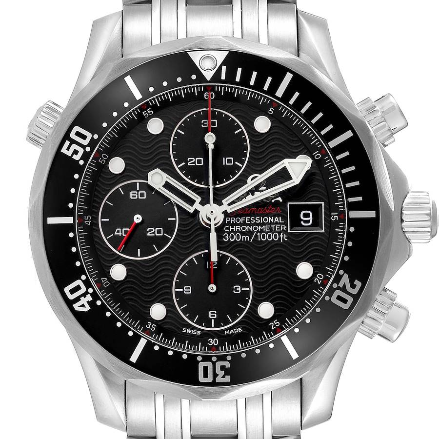 The Omega Seamaster watch is shown from a front angle, displaying the face, bezel, and part of the bracelet.