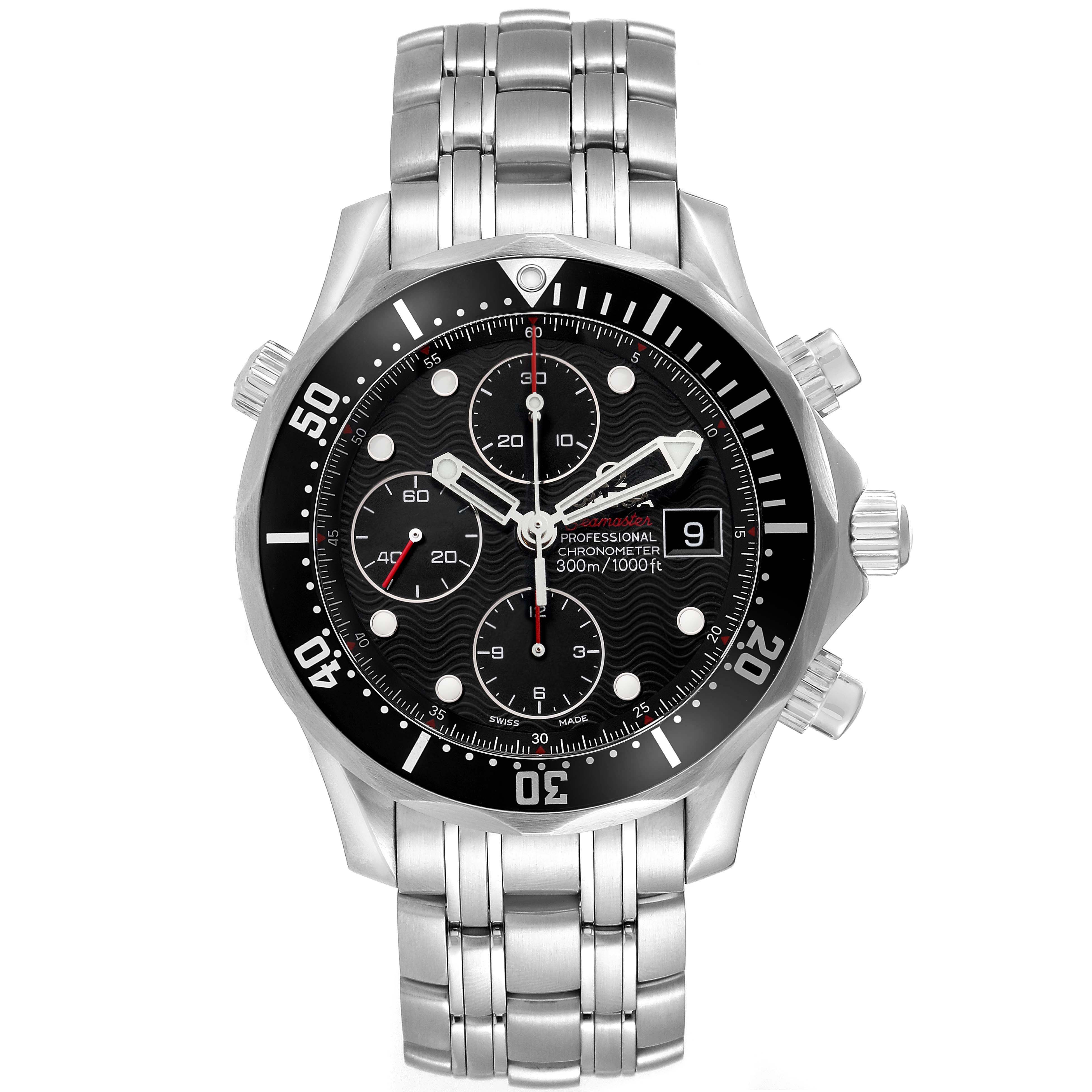 The Omega Seamaster 213.30.42.40.01.001 Men's Stainless Steel Black Dial 213.30.42.40.01.001 Men's Stainless Steel Black Dial watch is shown from a front view, highlighting the face, bezel, chronograph dials, and metal bracelet.