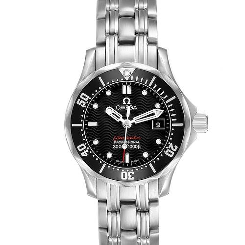 The Omega 212.30.28.61.01.001 Women's Stainless Steel Black Dial Seamaster Diver 300M watch is shown from a front angle, highlighting its bezel, dial, hands, bracelet, and crown.