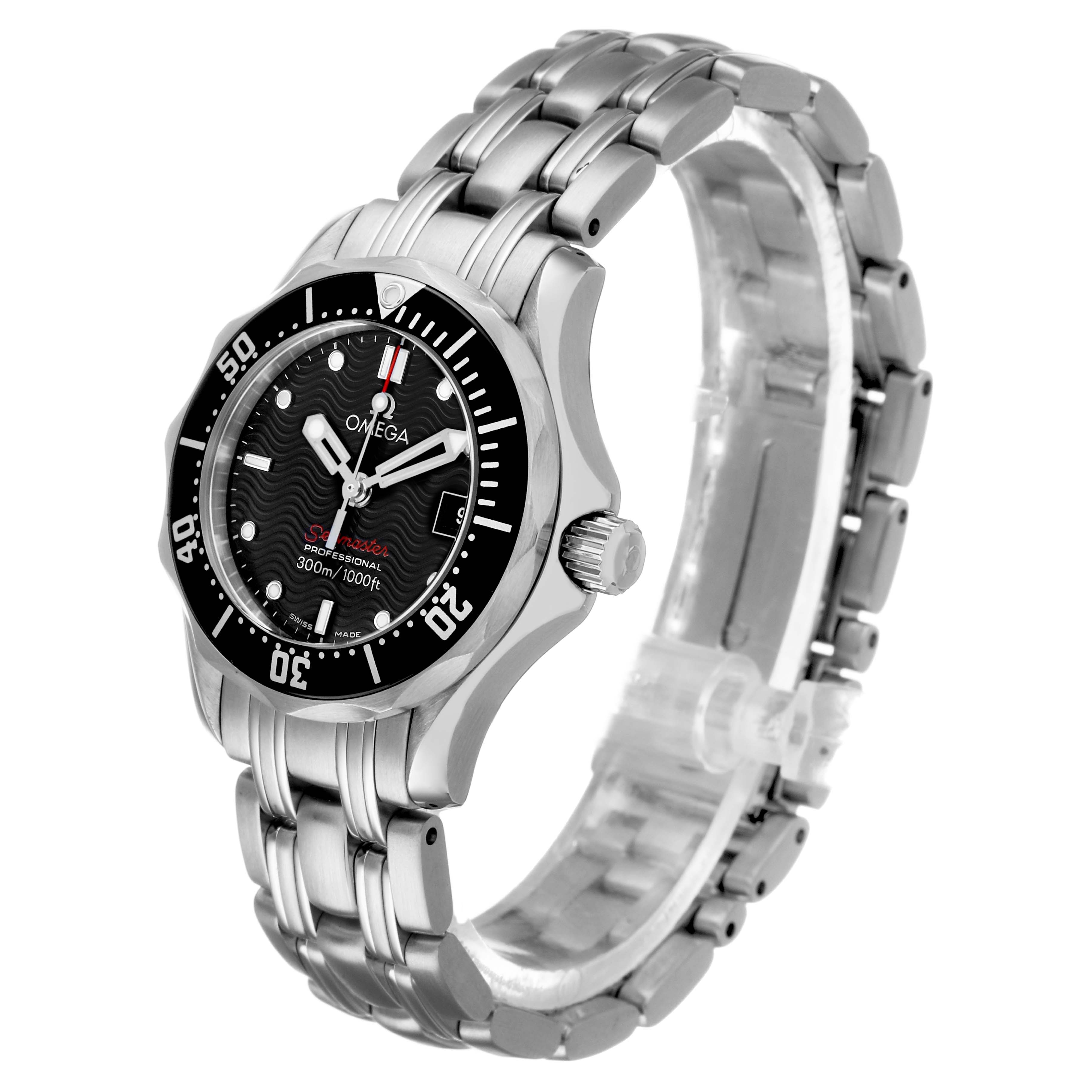 The Omega 212.30.28.61.01.001 Women's Stainless Steel Black Dial Seamaster Diver 300M watch is shown at a three-quarter angle, highlighting the bracelet, bezel, and crown.
