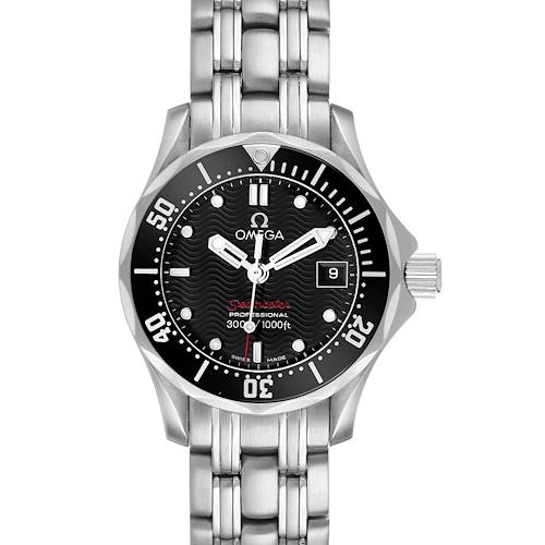 The Omega 212.30.28.61.01.001 Women's Stainless Steel Black Dial Seamaster Diver 300M watch is shown from a top-down angle, displaying its face, bezel, and bracelet.