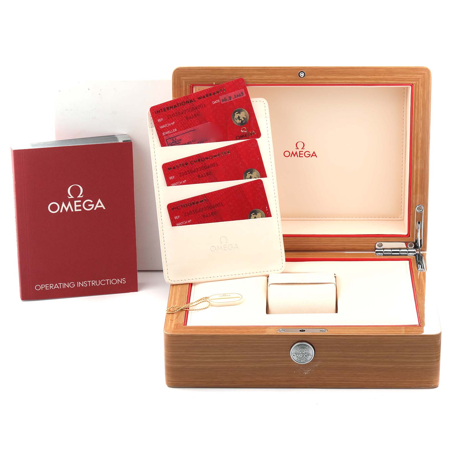 The image shows an Omega Seamaster 210.30.42.20.04.001 Men's Stainless Steel White Dial 210.30.42.20.04.001 Men's Stainless Steel White Dial watch box, warranty cards, and an instruction manual, viewed from the front.