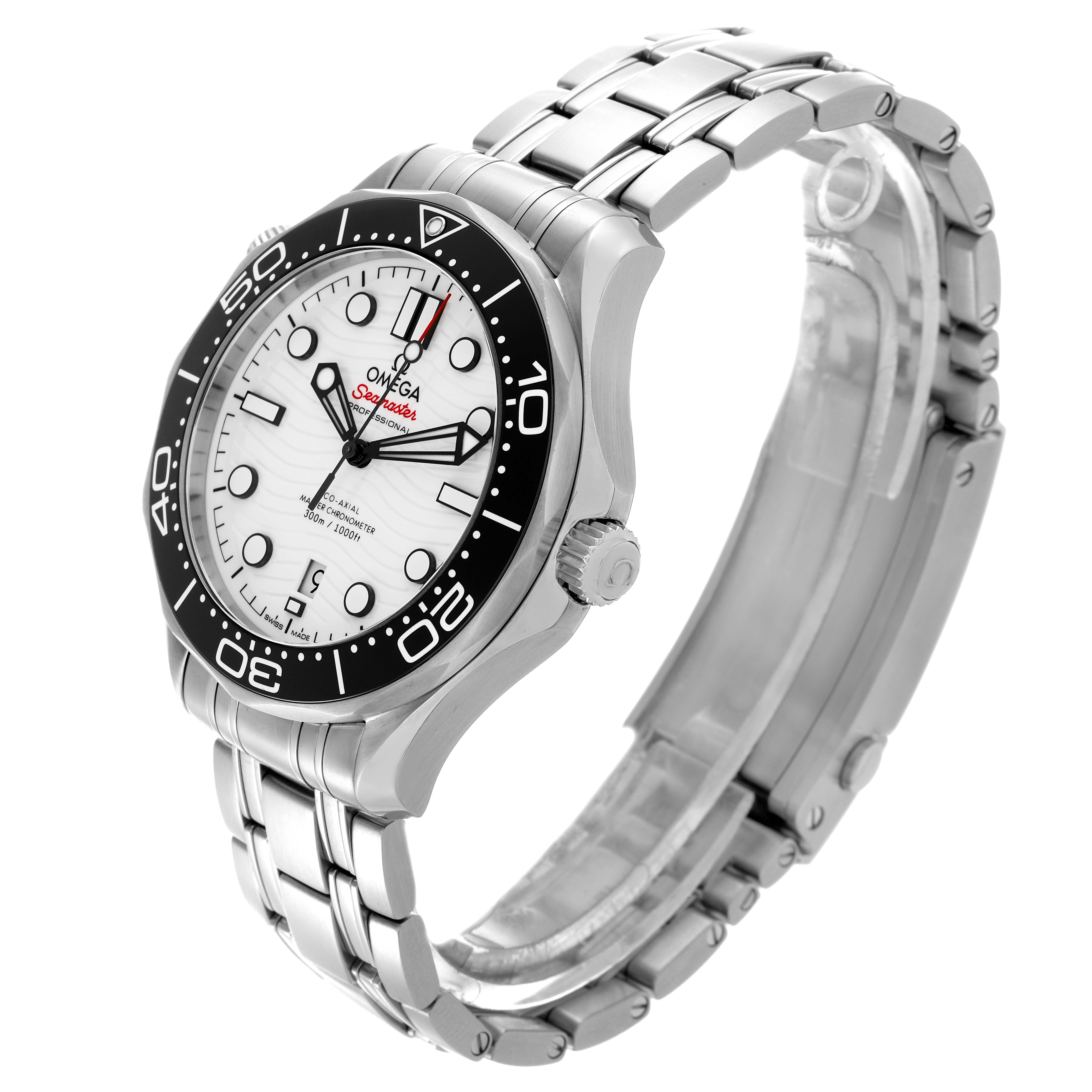 The Omega Seamaster 210.30.42.20.04.001 Men's Stainless Steel White Dial 210.30.42.20.04.001 Men's Stainless Steel White Dial watch is shown at a slight angle, displaying the face, bezel, crown, and part of the bracelet.