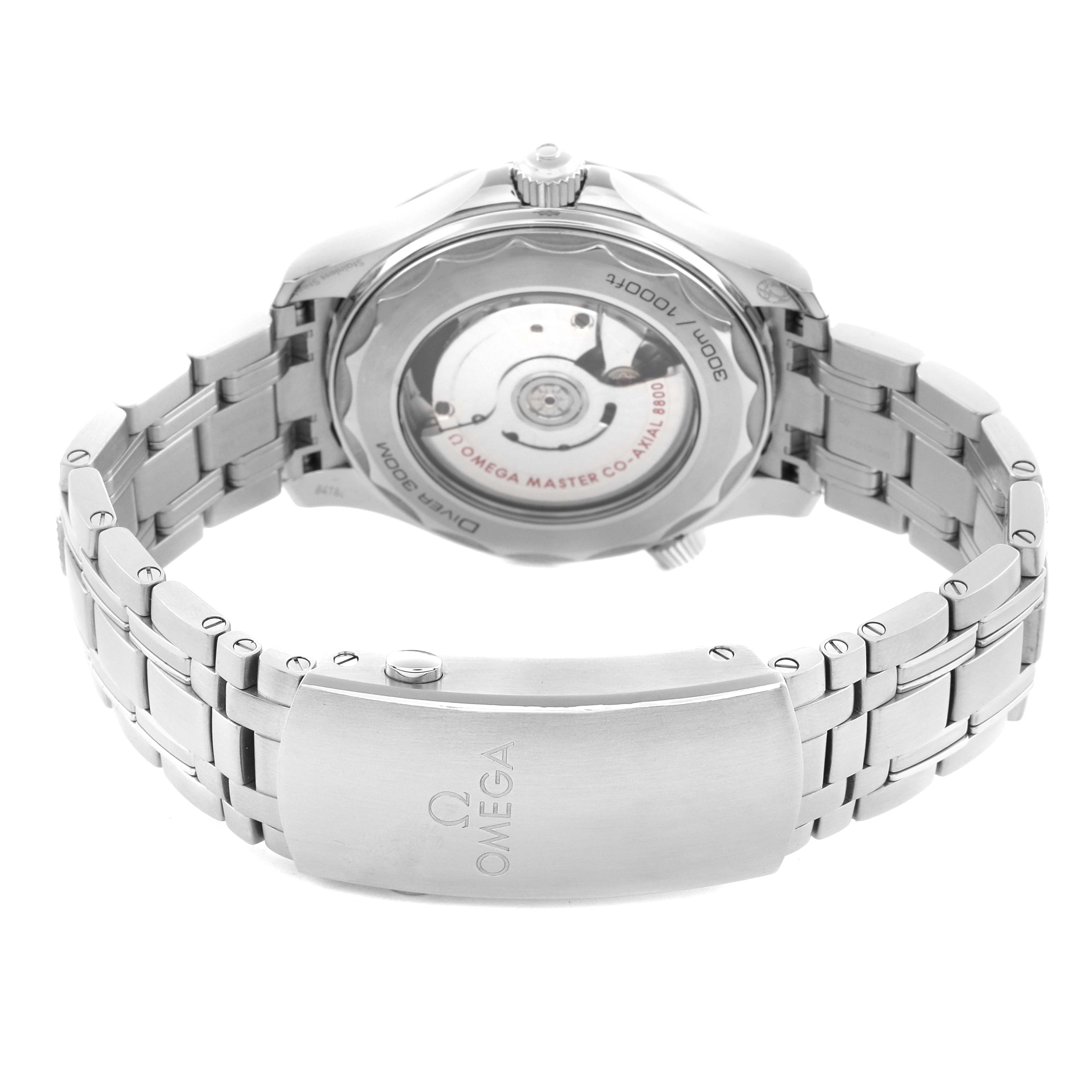 The Omega Seamaster 210.30.42.20.04.001 Men's Stainless Steel White Dial 210.30.42.20.04.001 Men's Stainless Steel White Dial watch is shown from the back, highlighting its case back, bracelet, and deployment clasp.