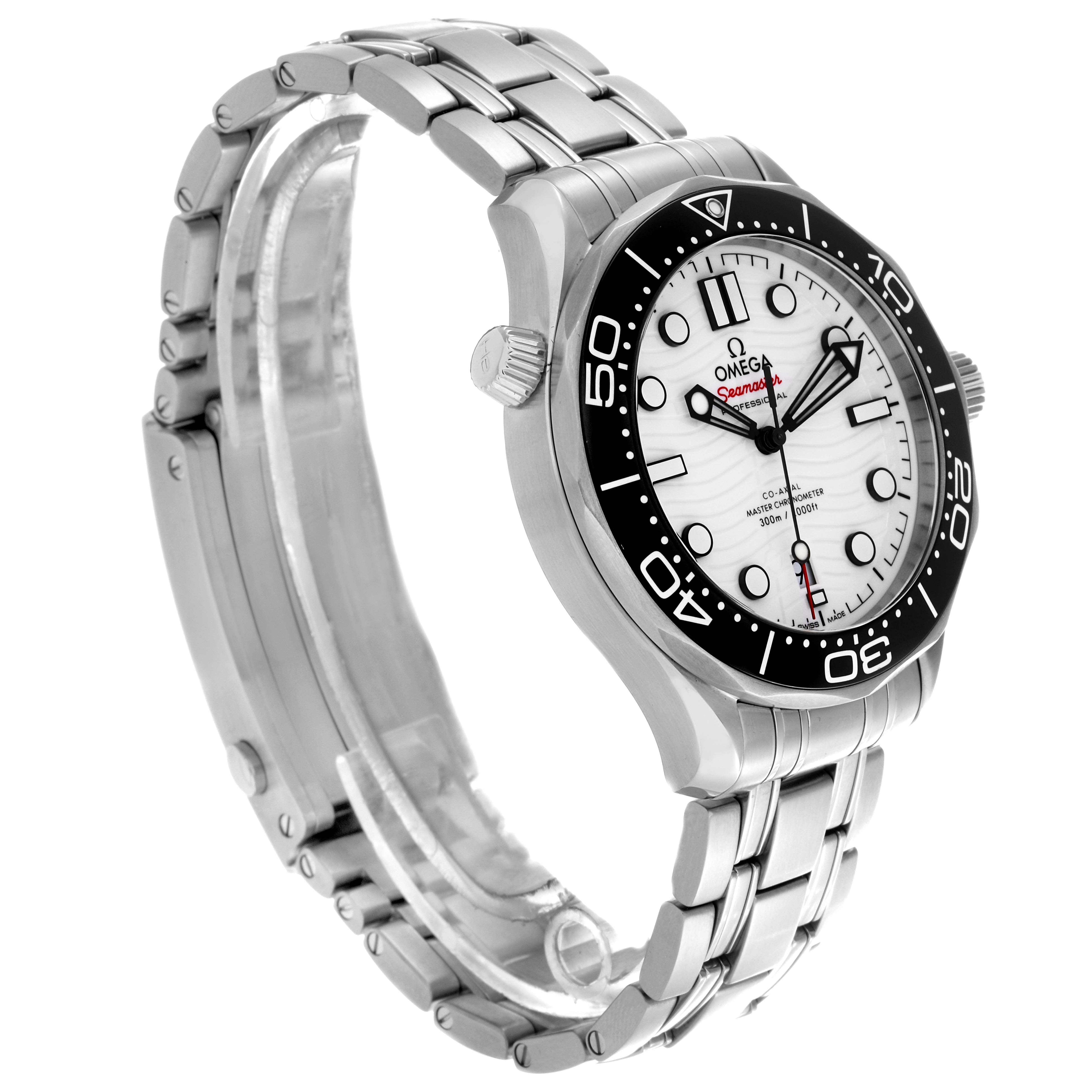 The Omega Seamaster 210.30.42.20.04.001 Men's Stainless Steel White Dial 210.30.42.20.04.001 Men's Stainless Steel White Dial watch is shown at a three-quarter angle displaying the dial, bezel, crown, and bracelet.