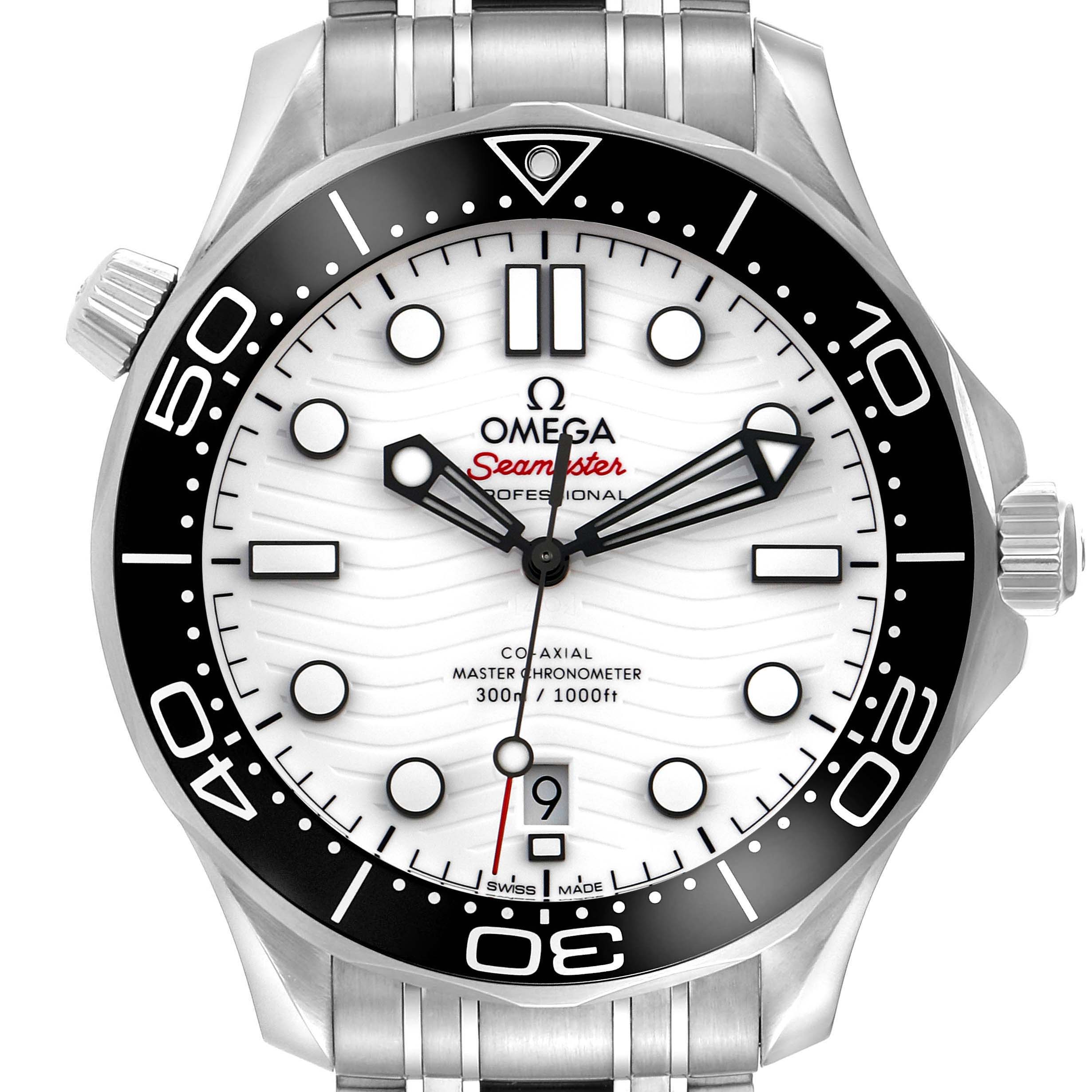 The Omega Seamaster 210.30.42.20.04.001 Men's Stainless Steel White Dial 210.30.42.20.04.001 Men's Stainless Steel White Dial watch is shown close-up from the front, displaying the dial, bezel, crown, and part of the bracelet.