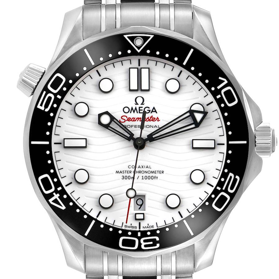 The Omega Seamaster watch is shown close-up from the front, displaying the dial, bezel, crown, and part of the bracelet.