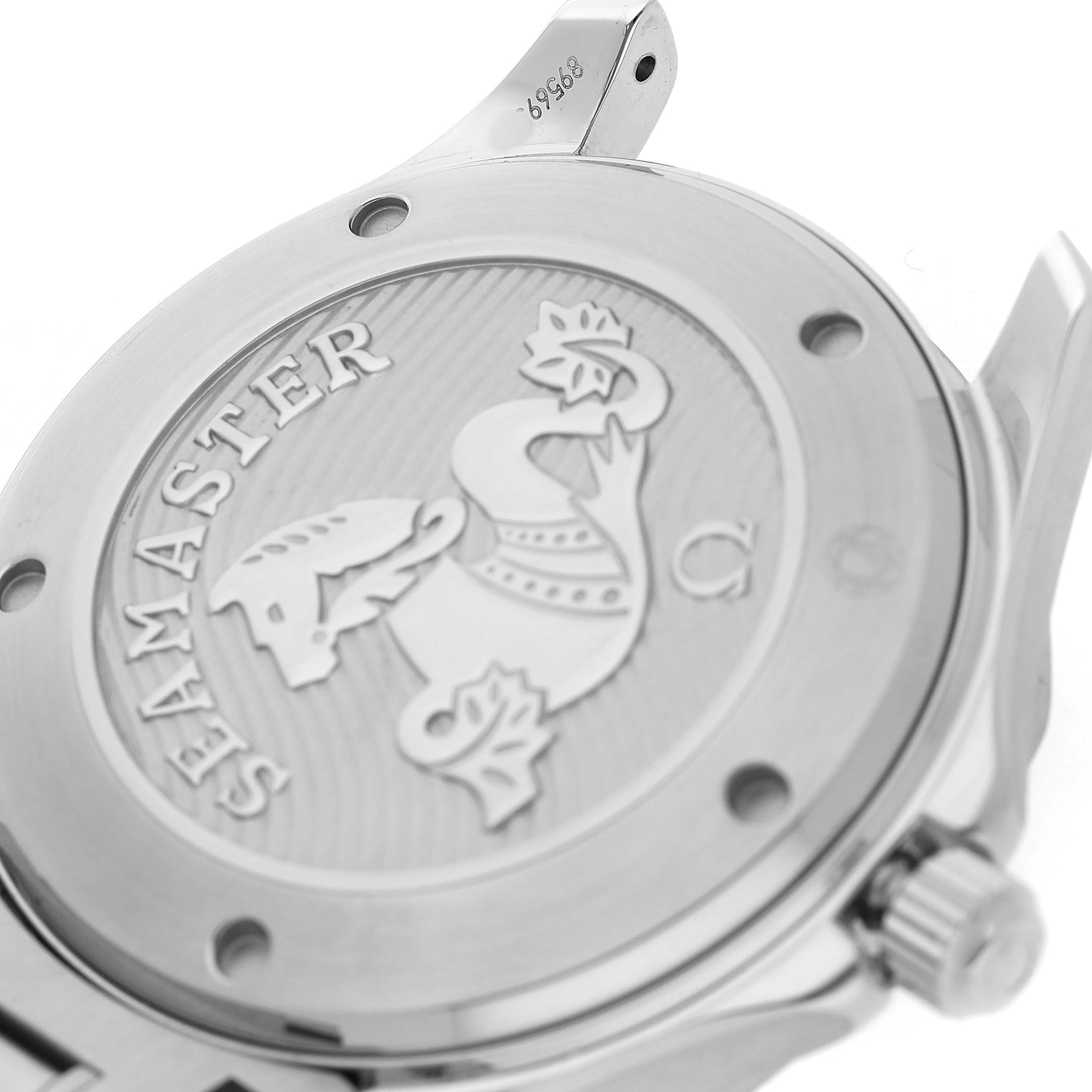 The image shows the case back of the Omega Seamaster 212.30.41.20.01.003 Men's Stainless Steel Black Dial, featuring engraved details and a prominent seamonster logo.