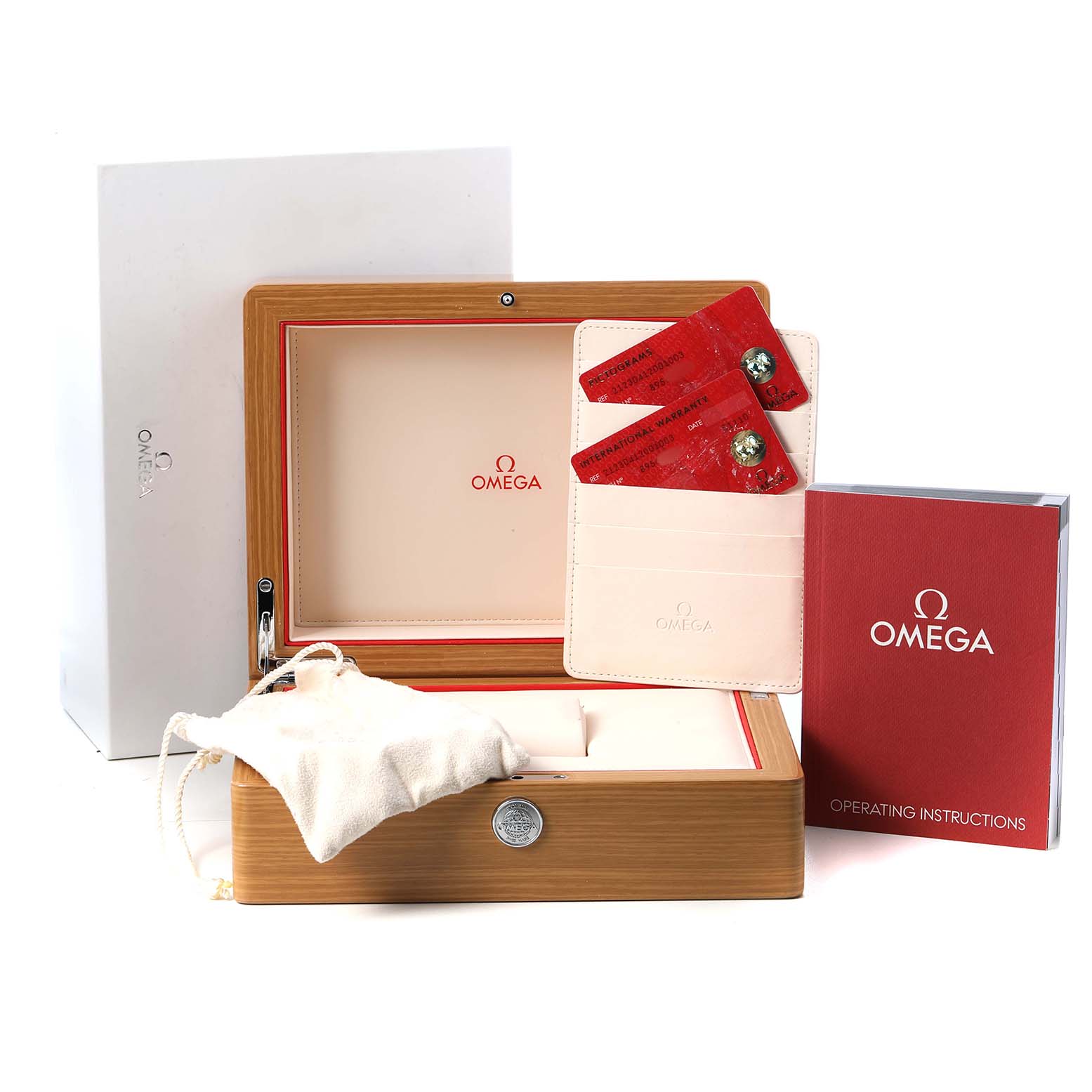 The image shows an Omega Seamaster 212.30.41.20.01.003 Men's Stainless Steel Black Dial watch box with instructions, warranty cards, and a protective pouch.
