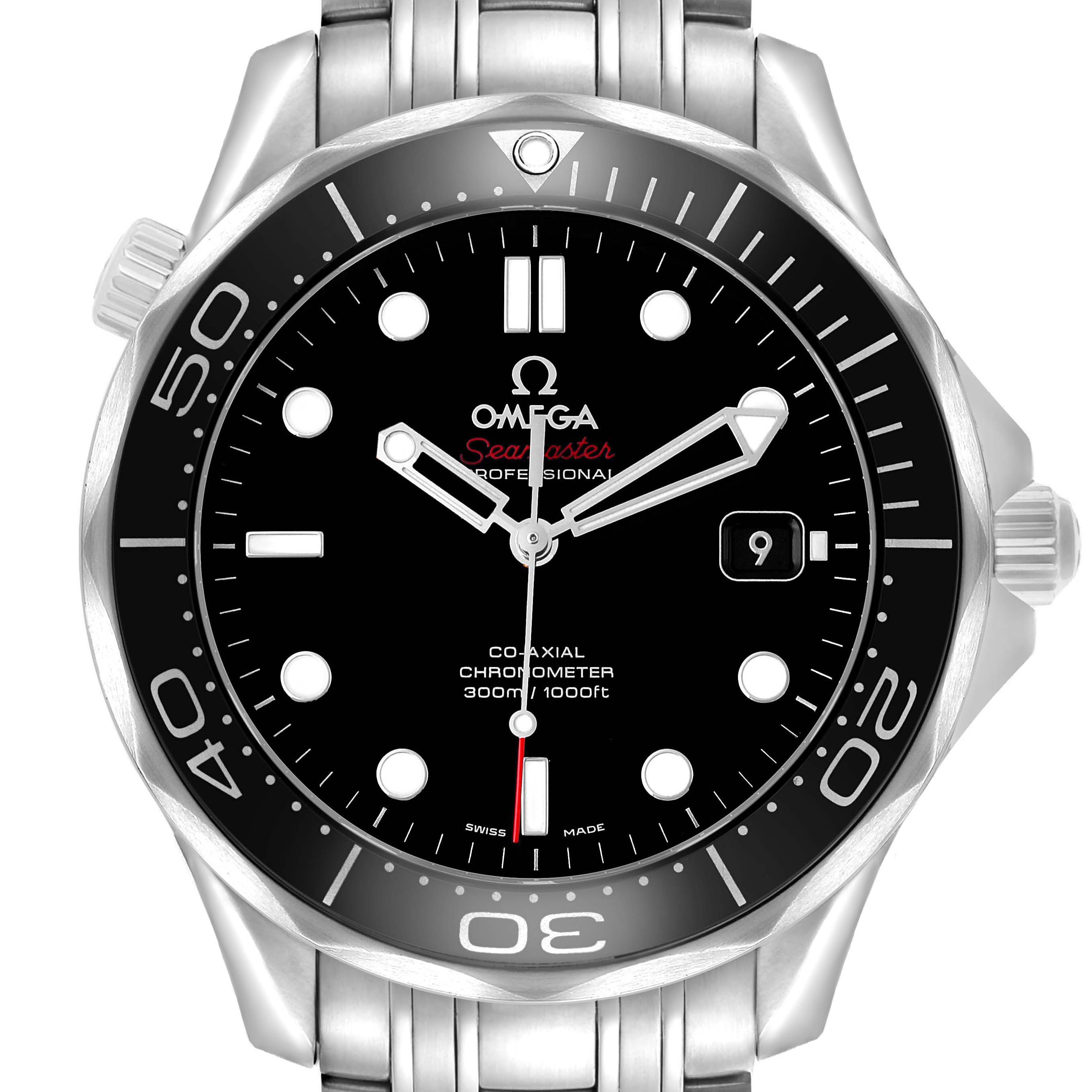 The Omega Seamaster 212.30.41.20.01.003 Men's Stainless Steel Black Dial is shown from the front, highlighting the dial, bezel, and partial bracelet.