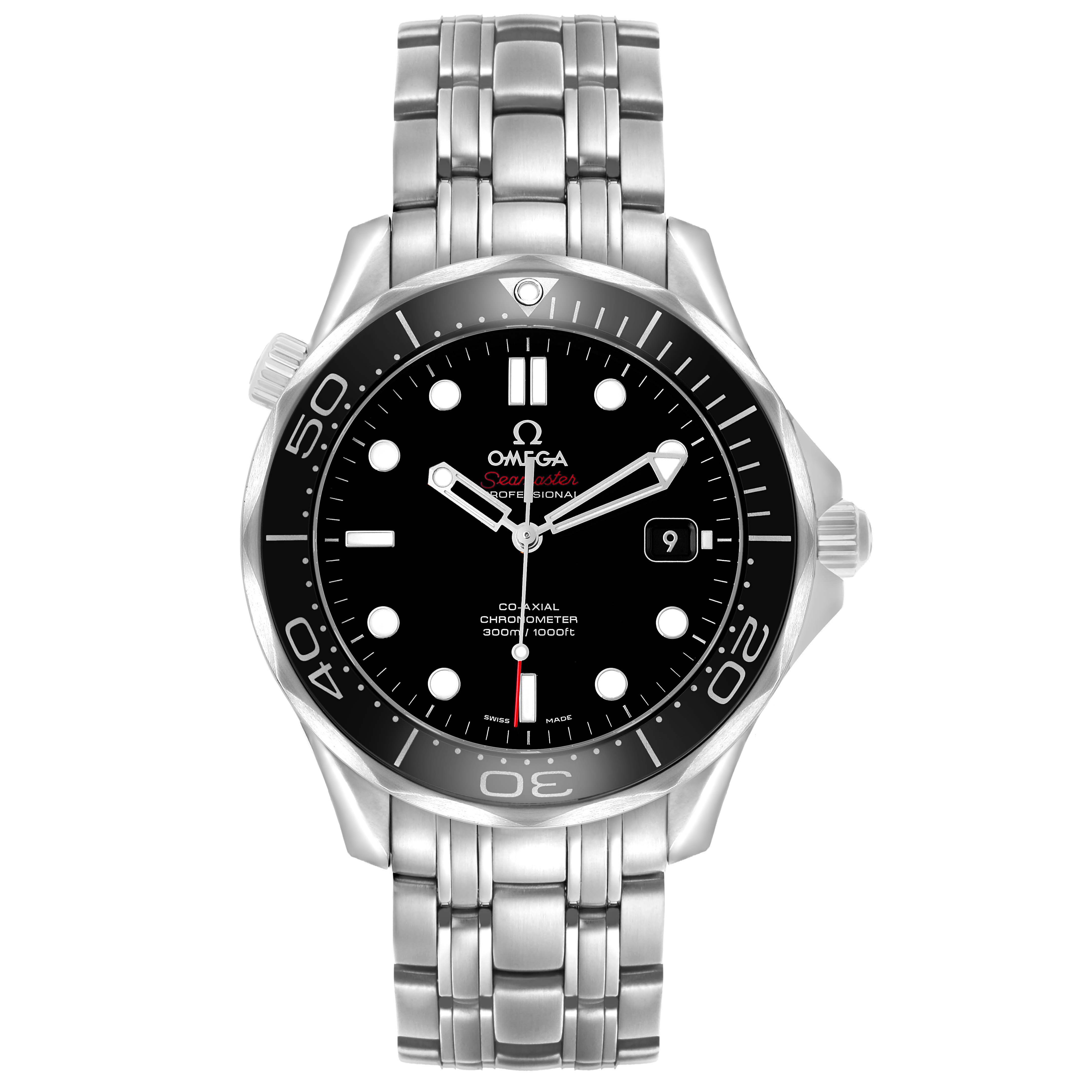 The Omega Seamaster 212.30.41.20.01.003 Men's Stainless Steel Black Dial watch is shown from a front angle, highlighting the dial, bezel, and metal bracelet.