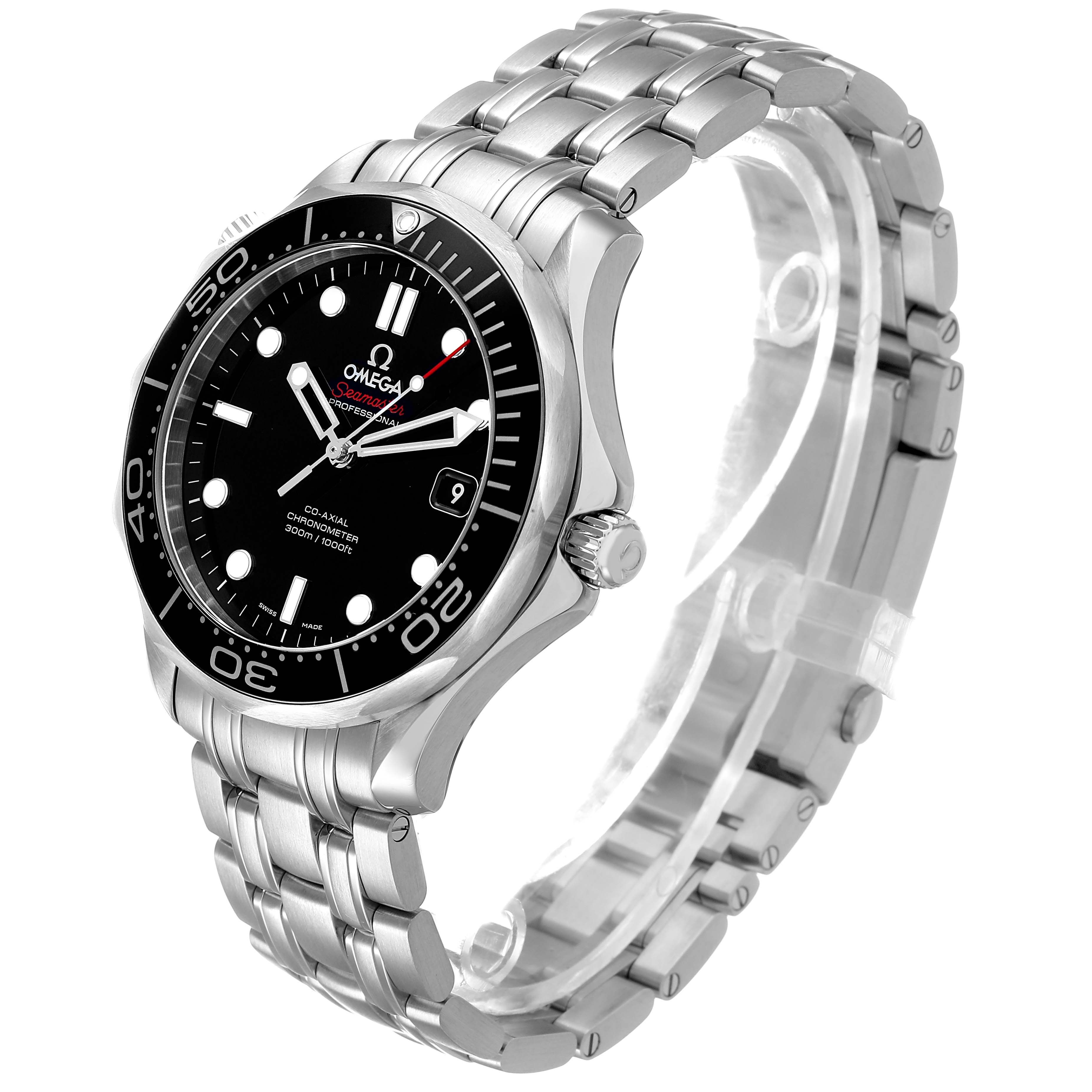 The image shows an Omega Seamaster 212.30.41.20.01.003 Men's Stainless Steel Black Dial watch at a three-quarter angle, highlighting the dial, bezel, crown, and metal bracelet.