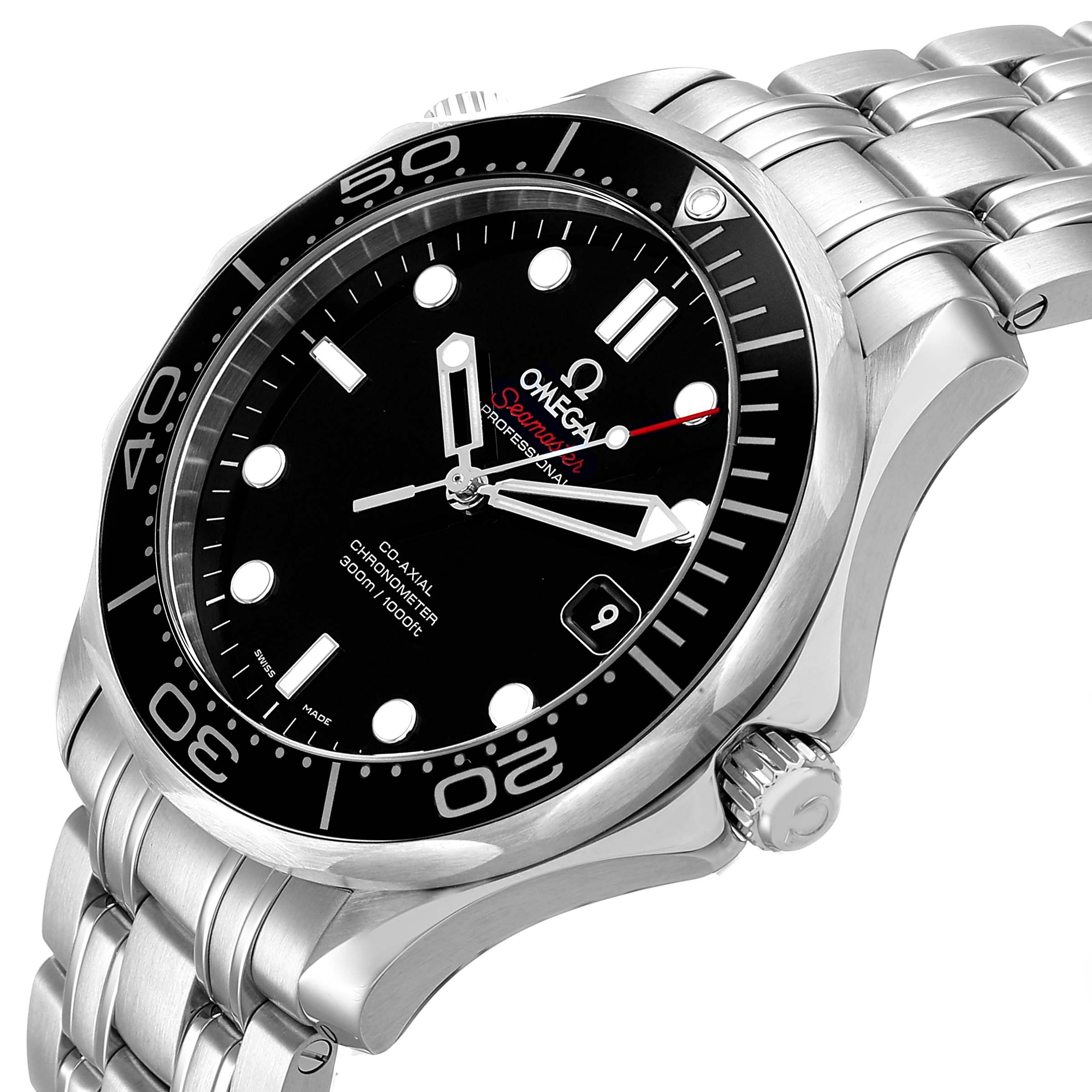 The Omega Seamaster 212.30.41.20.01.003 Men's Stainless Steel Black Dial watch is shown at an angle highlighting the face, bezel, crown, and part of the bracelet.