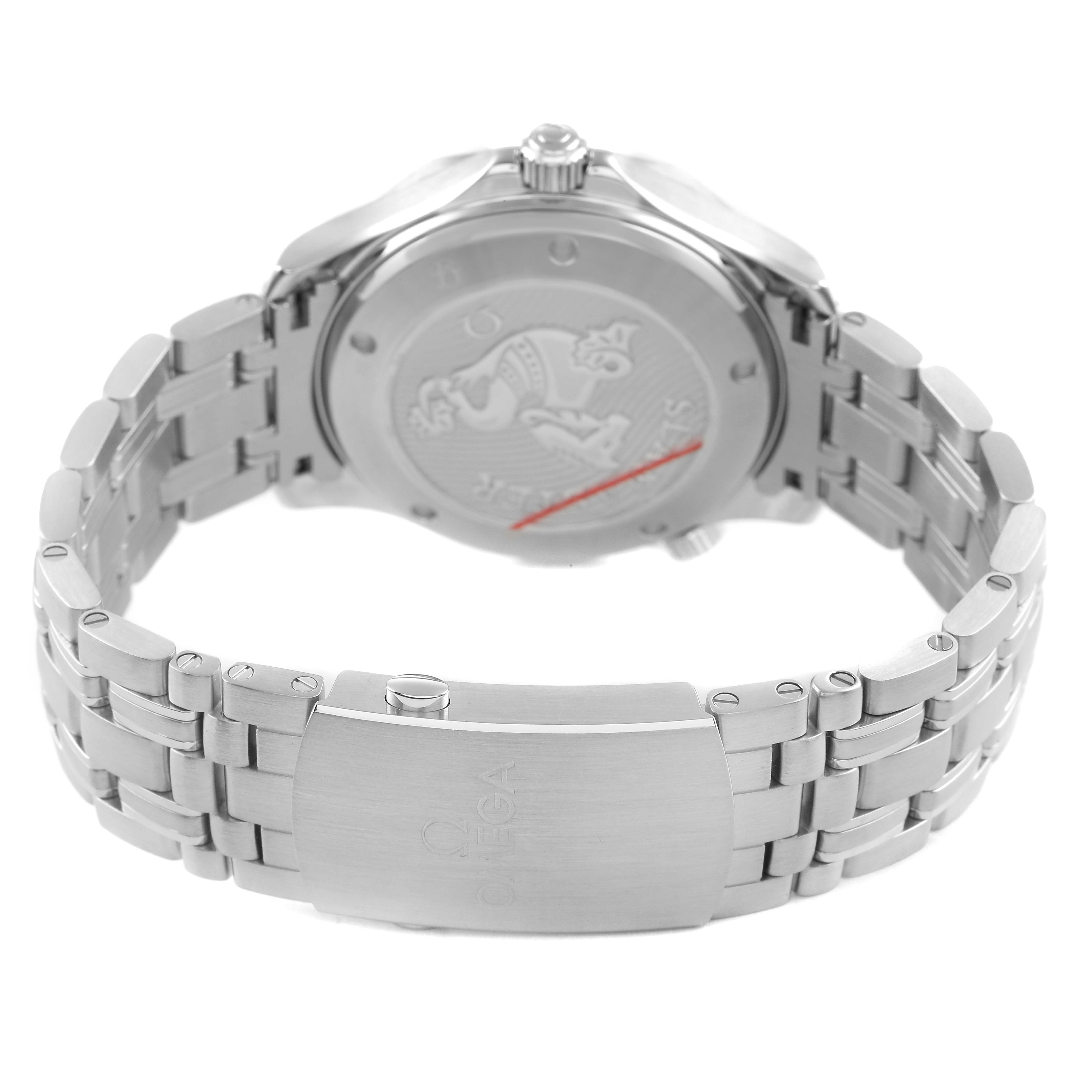 The Omega Seamaster 212.30.41.20.01.003 Men's Stainless Steel Black Dial watch is shown from the back, displaying the case back and bracelet with a visible clasp.