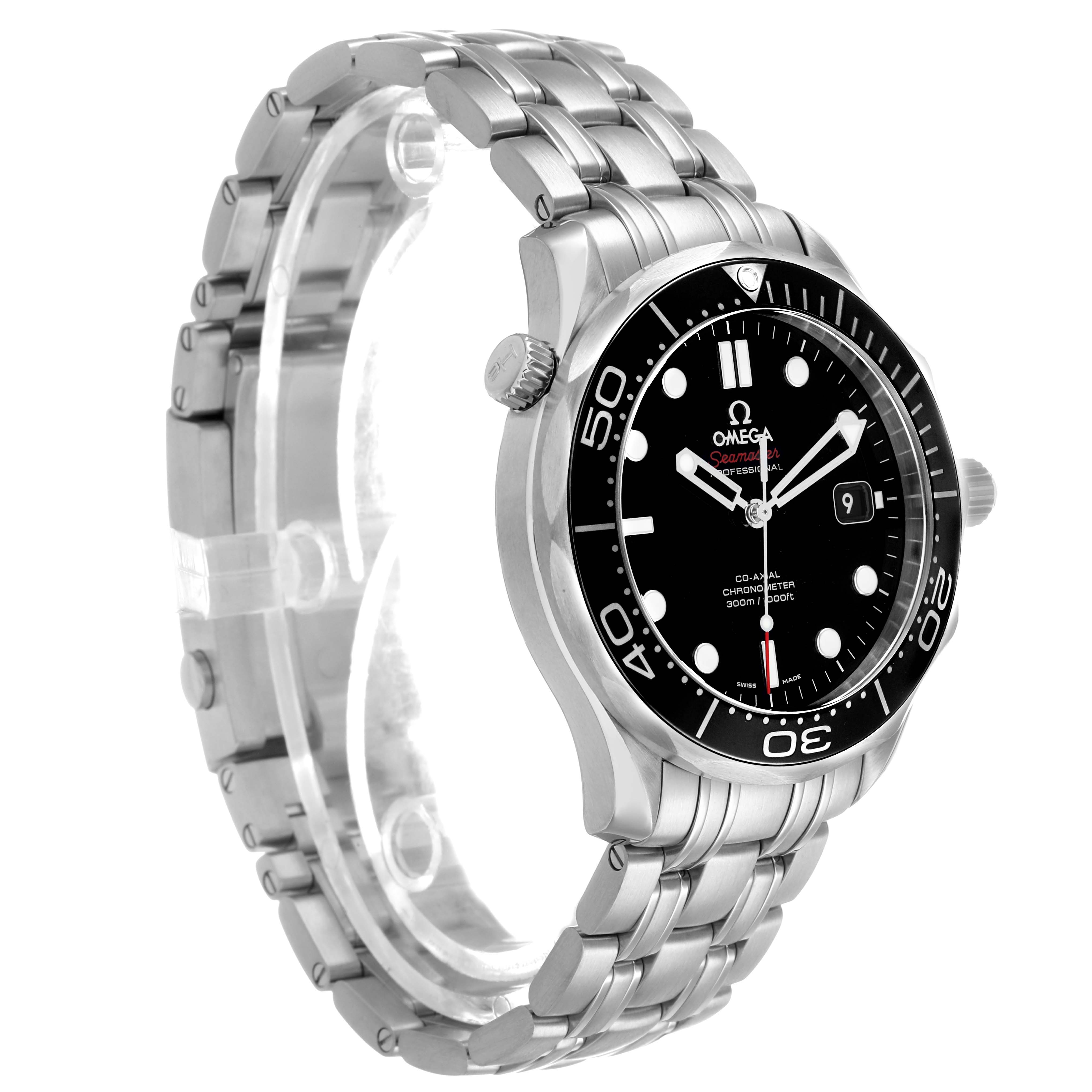 The Omega Seamaster 212.30.41.20.01.003 Men's Stainless Steel Black Dial watch is shown at a three-quarter angle, displaying the face, bezel, crown, and bracelet.