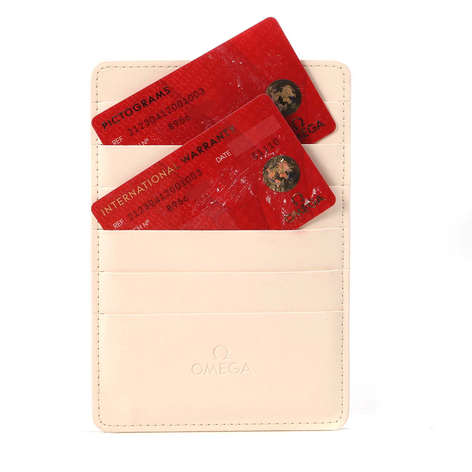 The image shows Omega Seamaster 212.30.41.20.01.003 Men's Stainless Steel Black Dial documentation cards in a beige card holder.
