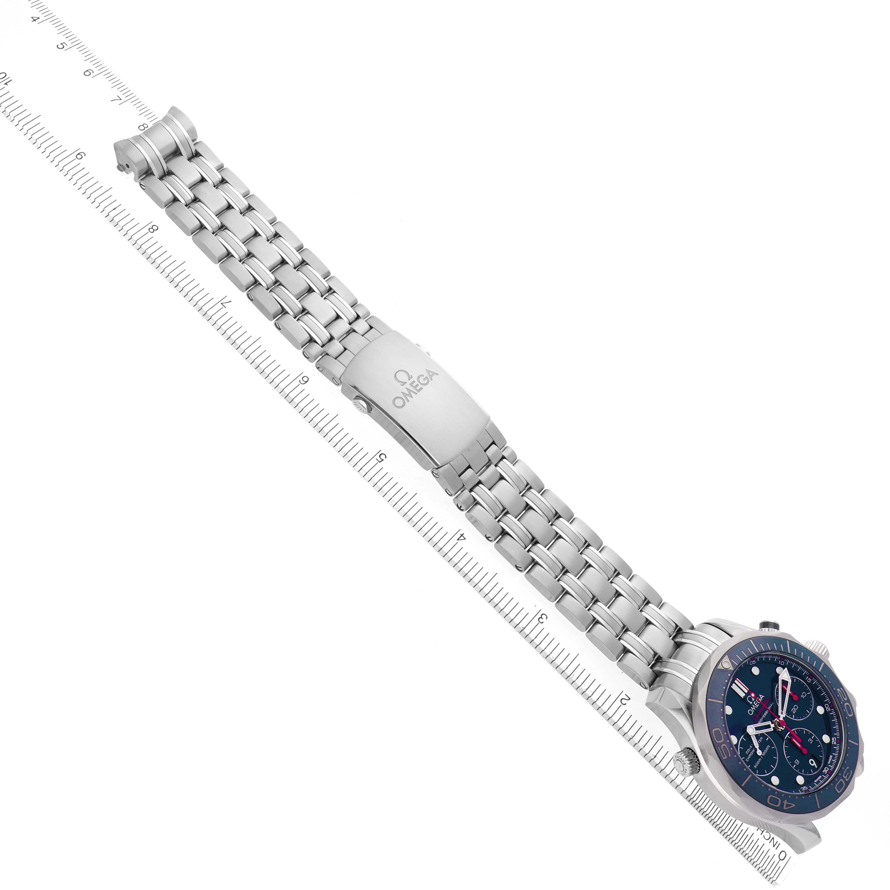 The Omega Seamaster 212.30.42.50.03.001 Men
s Stainless Steel Blue Dial 212.30.42.50.03.001 Men
s Stainless Steel Blue Dial watch is shown at an angle highlighting the face, bracelet, and clasp.