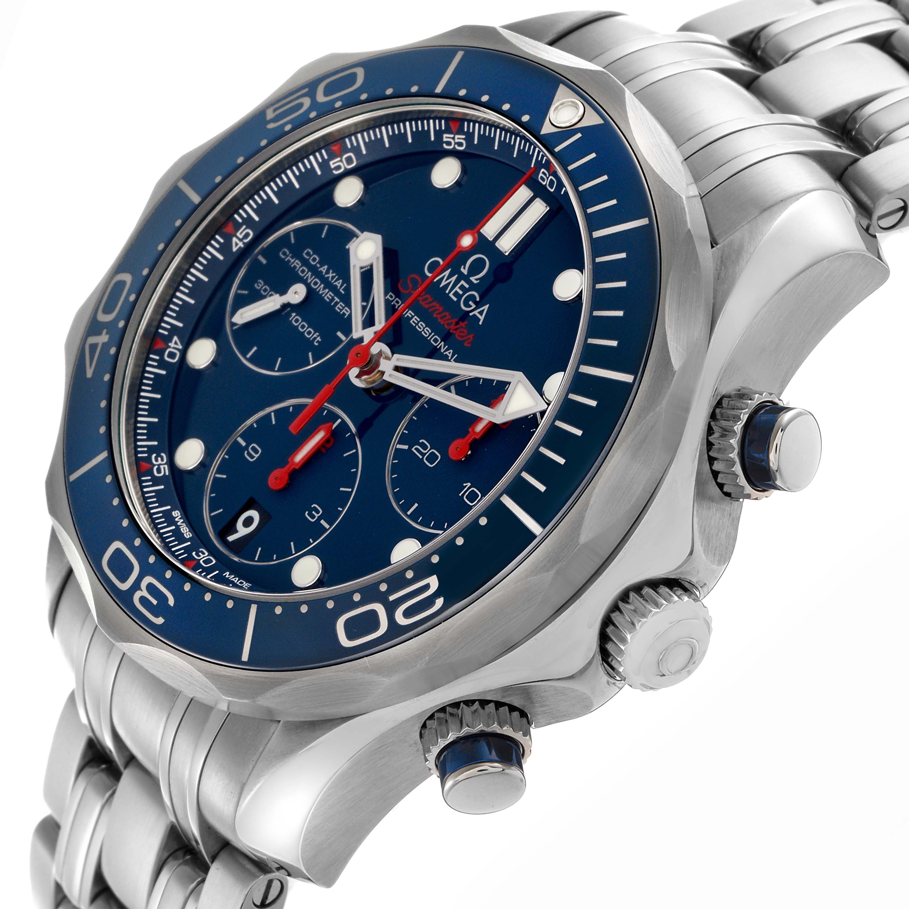 The Omega Seamaster 212.30.42.50.03.001 Men
s Stainless Steel Blue Dial 212.30.42.50.03.001 Men
s Stainless Steel Blue Dial watch is shown at a 3/4 angle, highlighting the face, bezel, crown, pushers, and bracelet.
