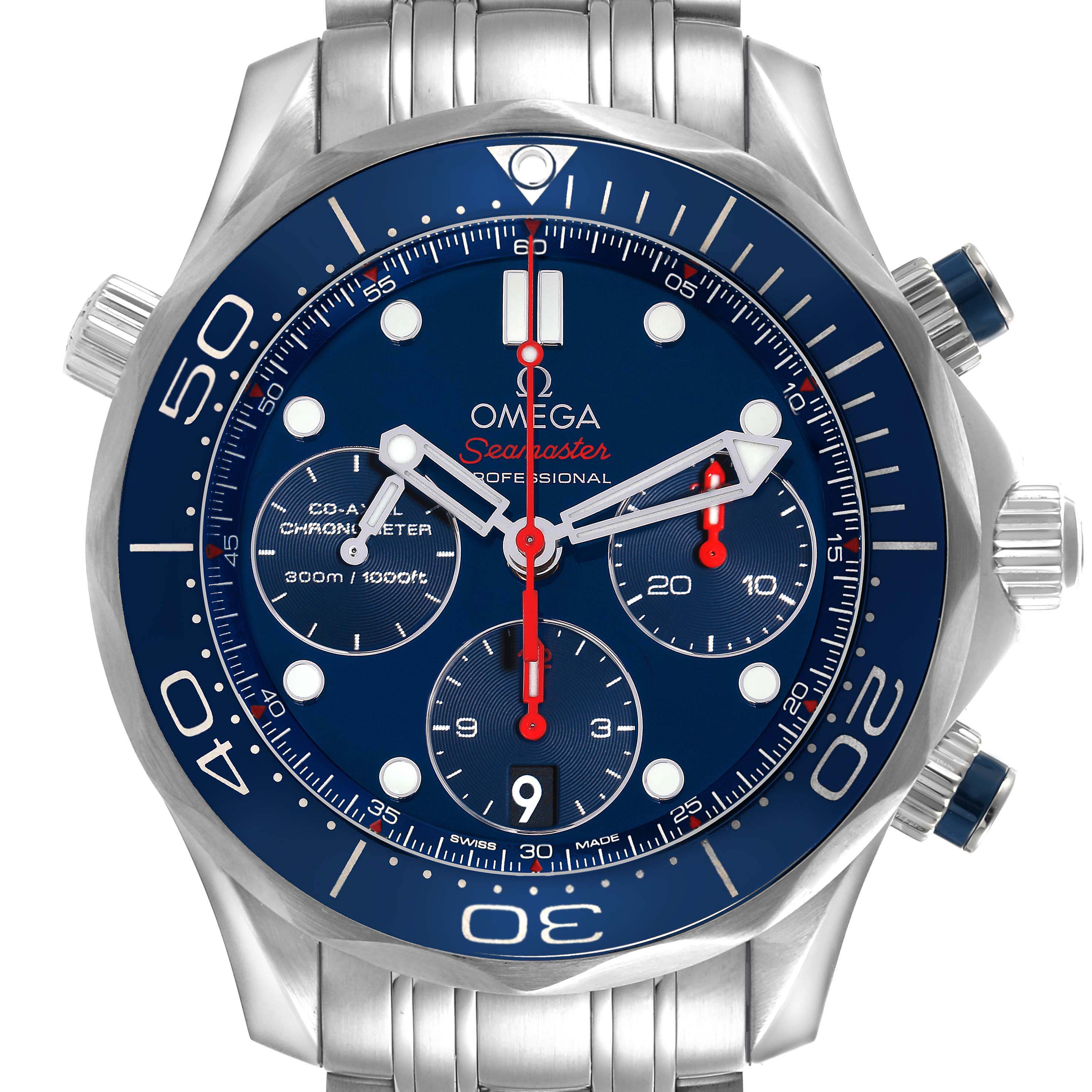 This Omega Seamaster 212.30.42.50.03.001 Men
s Stainless Steel Blue Dial 212.30.42.50.03.001 Men
s Stainless Steel Blue Dial watch is shown from the front, highlighting the blue dial, bezel, subdials, and stainless steel bracelet.