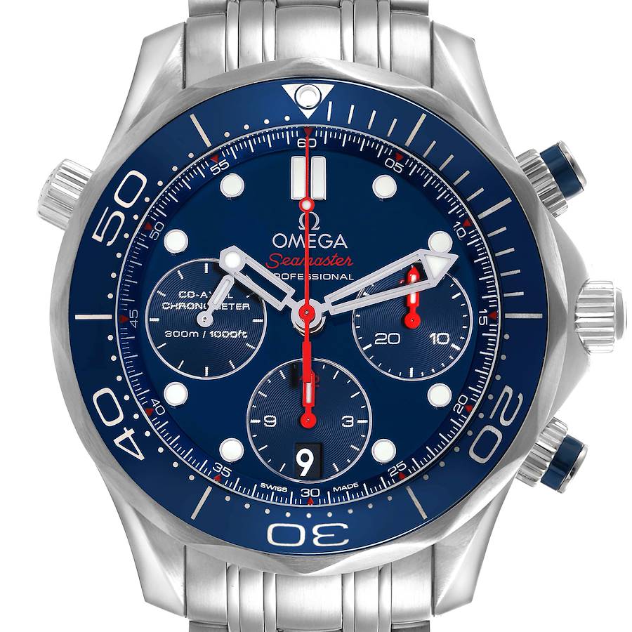 This Omega Seamaster watch is shown from the front, highlighting the blue dial, bezel, subdials, and stainless steel bracelet.