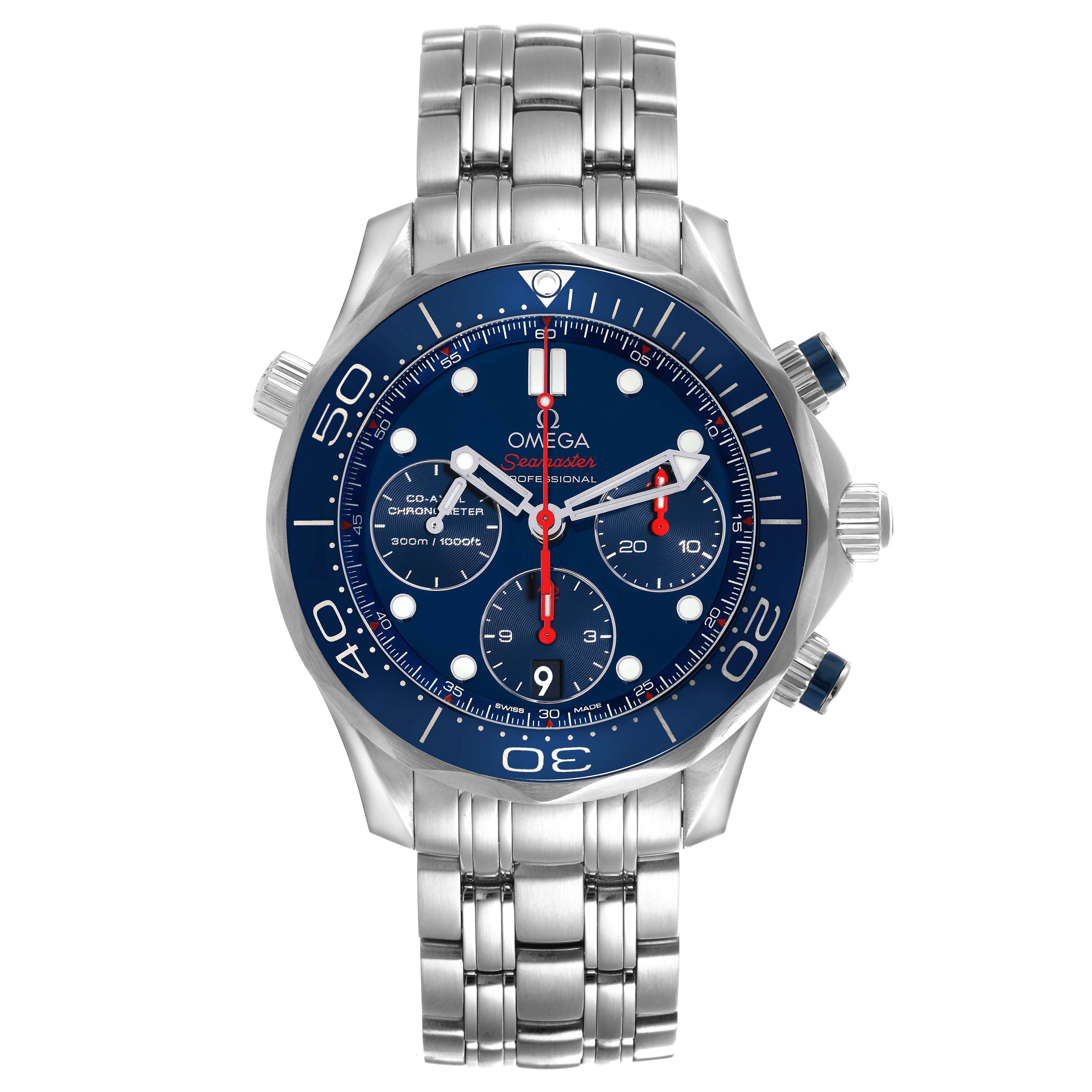 The Omega Seamaster 212.30.42.50.03.001 Men
s Stainless Steel Blue Dial 212.30.42.50.03.001 Men
s Stainless Steel Blue Dial watch is shown from a front angle, displaying its dial, bezel, and stainless steel bracelet.