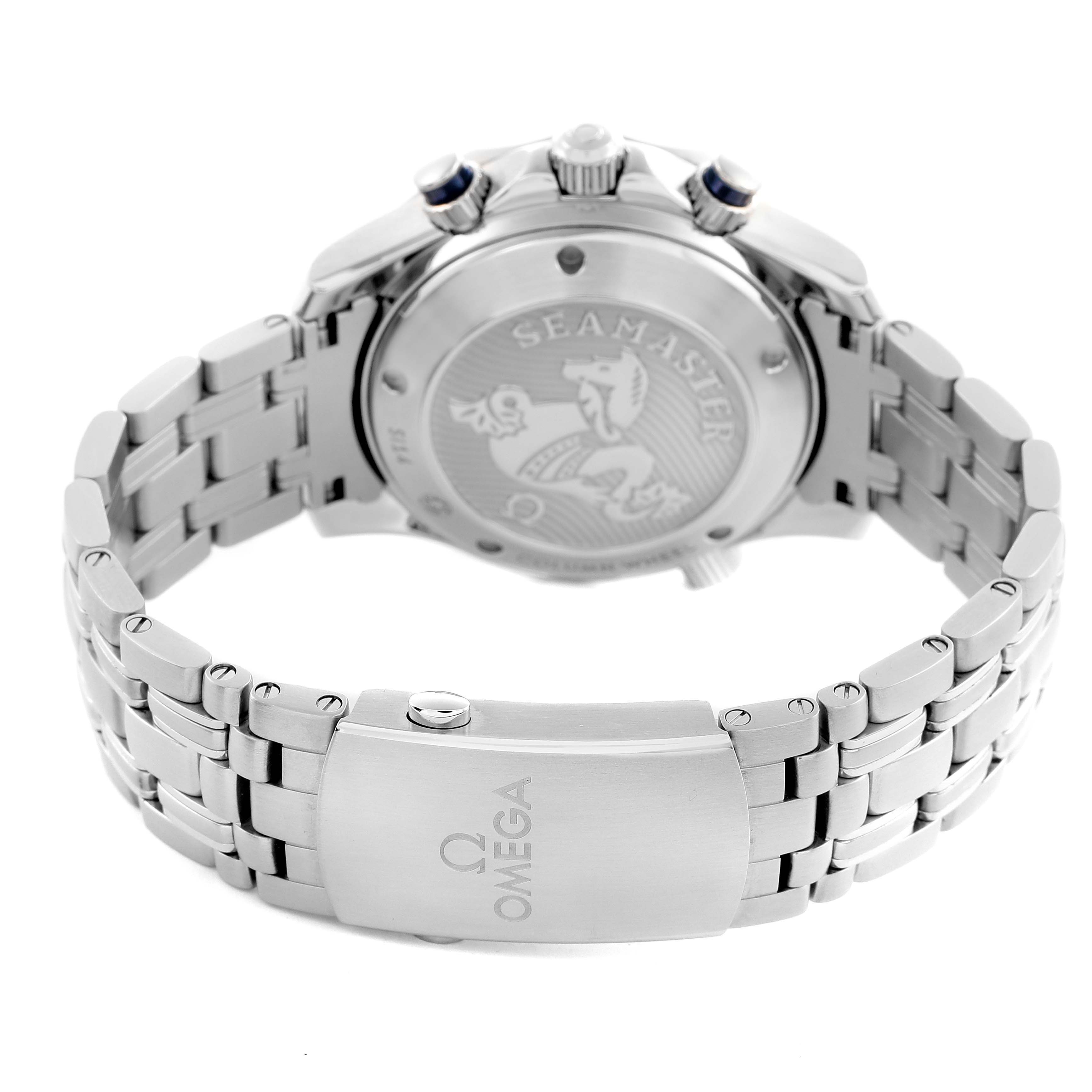 The Omega Seamaster 212.30.42.50.03.001 Men
s Stainless Steel Blue Dial 212.30.42.50.03.001 Men
s Stainless Steel Blue Dial watch is shown from the back, highlighting its case back, bracelet, and clasp with the Omega logo.