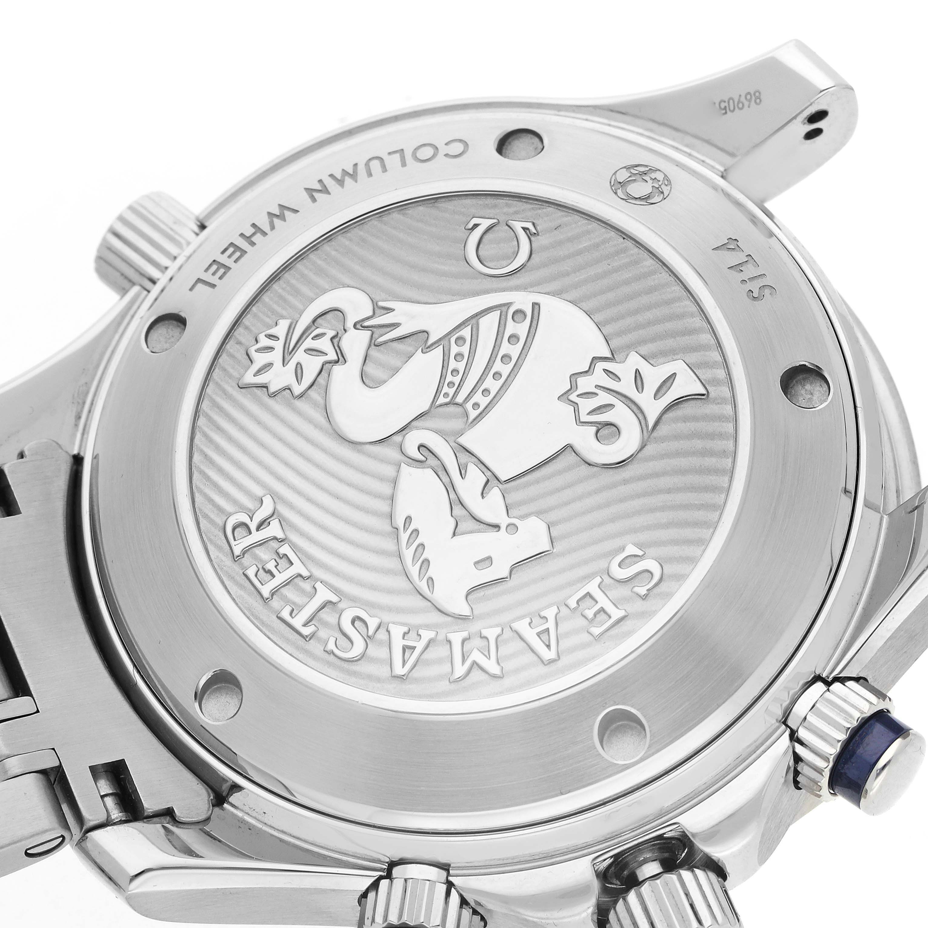 The image shows the case back of an Omega Seamaster 212.30.42.50.03.001 Men
s Stainless Steel Blue Dial 212.30.42.50.03.001 Men
s Stainless Steel Blue Dial watch with engravings and partial views of the crown and bracelet.