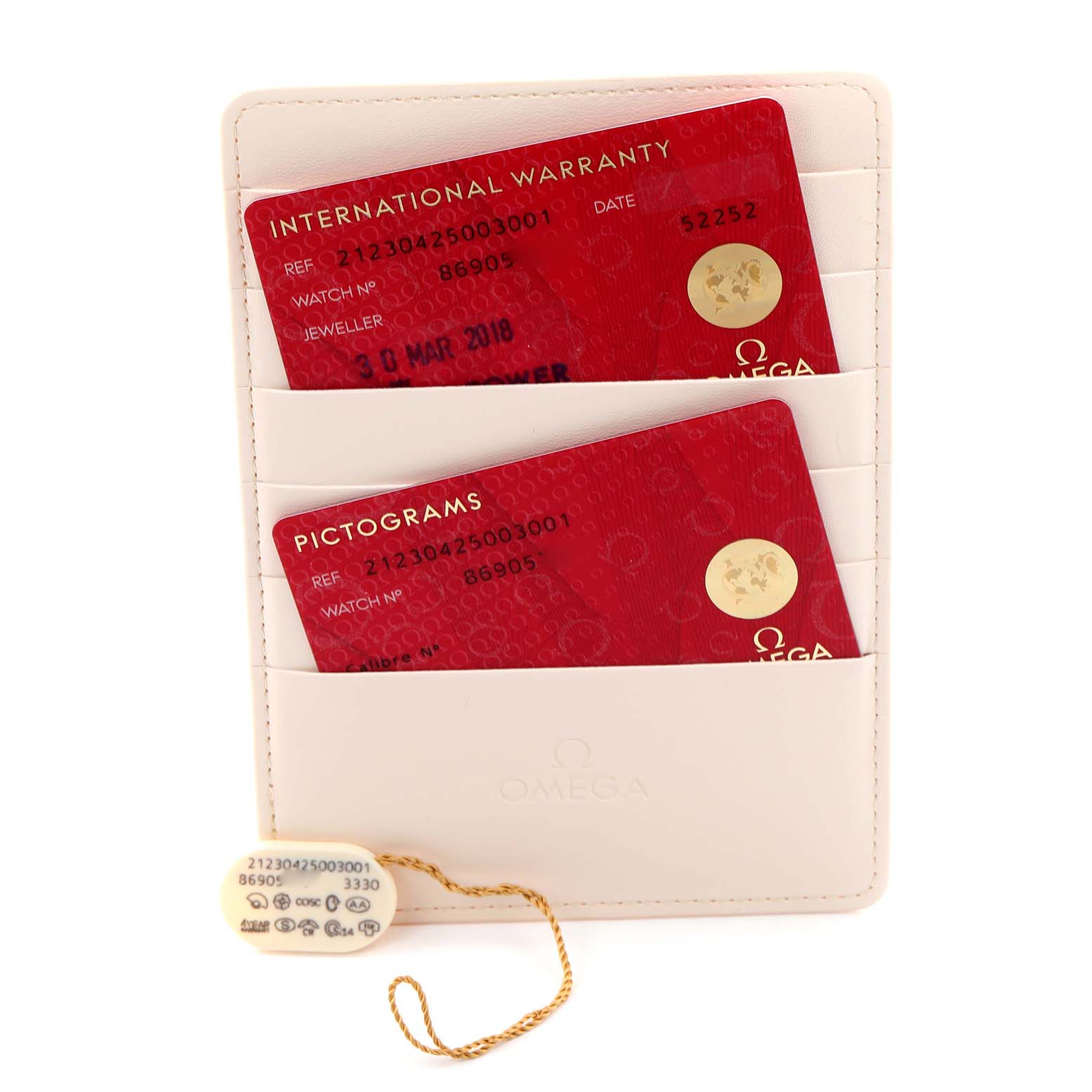 The image shows a straight-on view of Omega Seamaster 212.30.42.50.03.001 Men
s Stainless Steel Blue Dial 212.30.42.50.03.001 Men
s Stainless Steel Blue Dial accessories, featuring warranty cards and a hang tag.