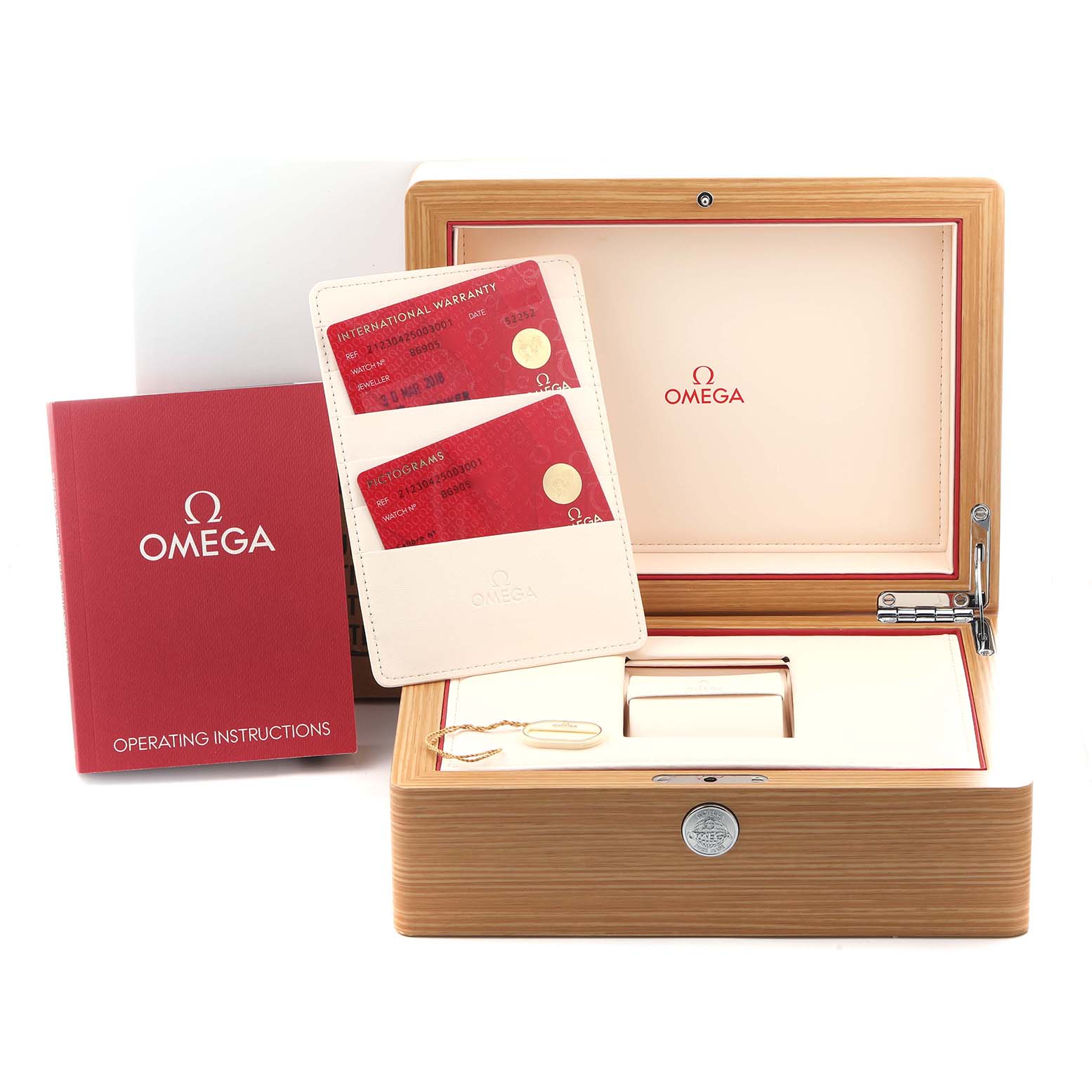 The image shows an Omega Seamaster 212.30.42.50.03.001 Men
s Stainless Steel Blue Dial 212.30.42.50.03.001 Men
s Stainless Steel Blue Dial watch box, international warranty cards, and an instruction booklet.