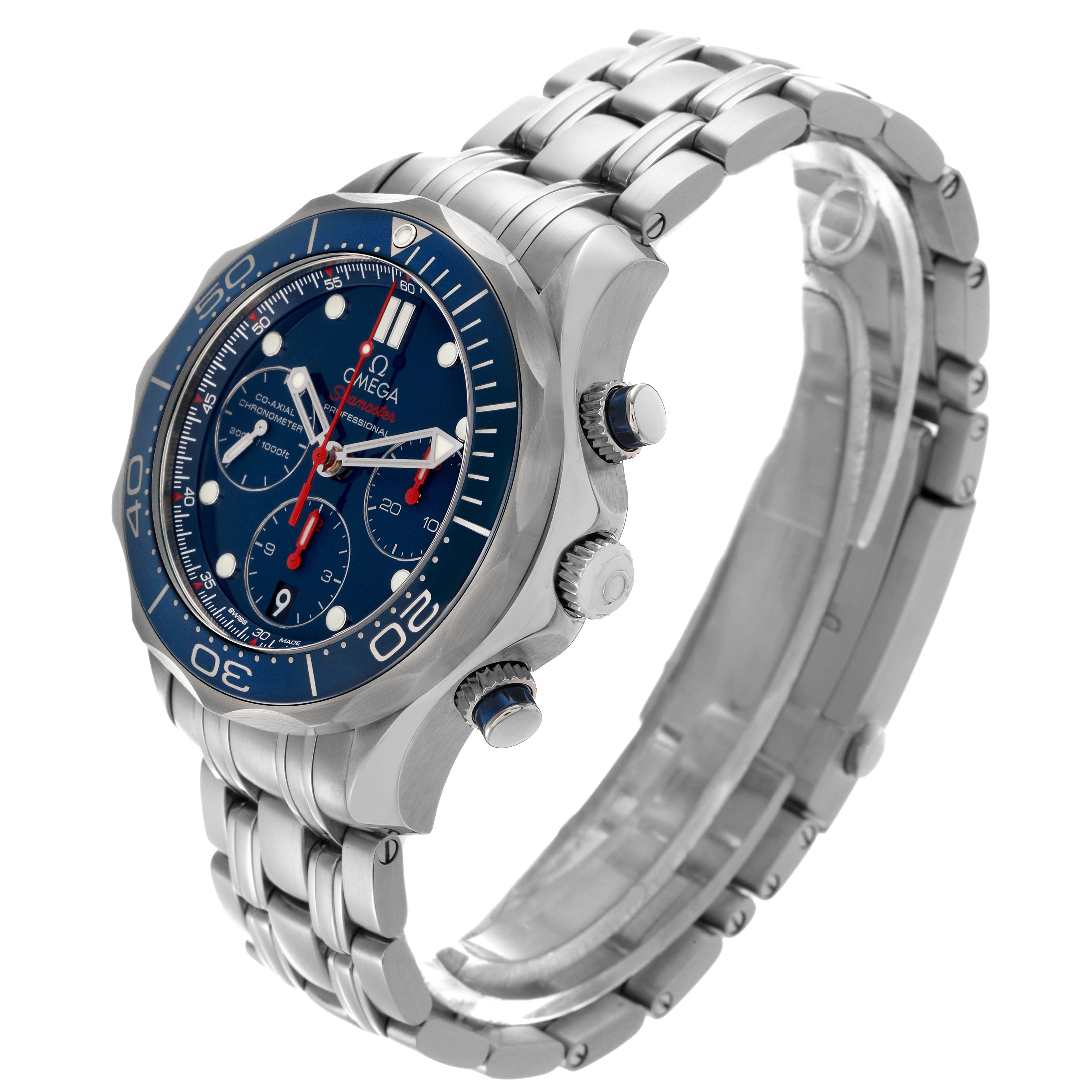 The Omega Seamaster 212.30.42.50.03.001 Men
s Stainless Steel Blue Dial 212.30.42.50.03.001 Men
s Stainless Steel Blue Dial watch is shown at a three-quarter angle, highlighting the case, bezel, crown, pushers, and bracelet.
