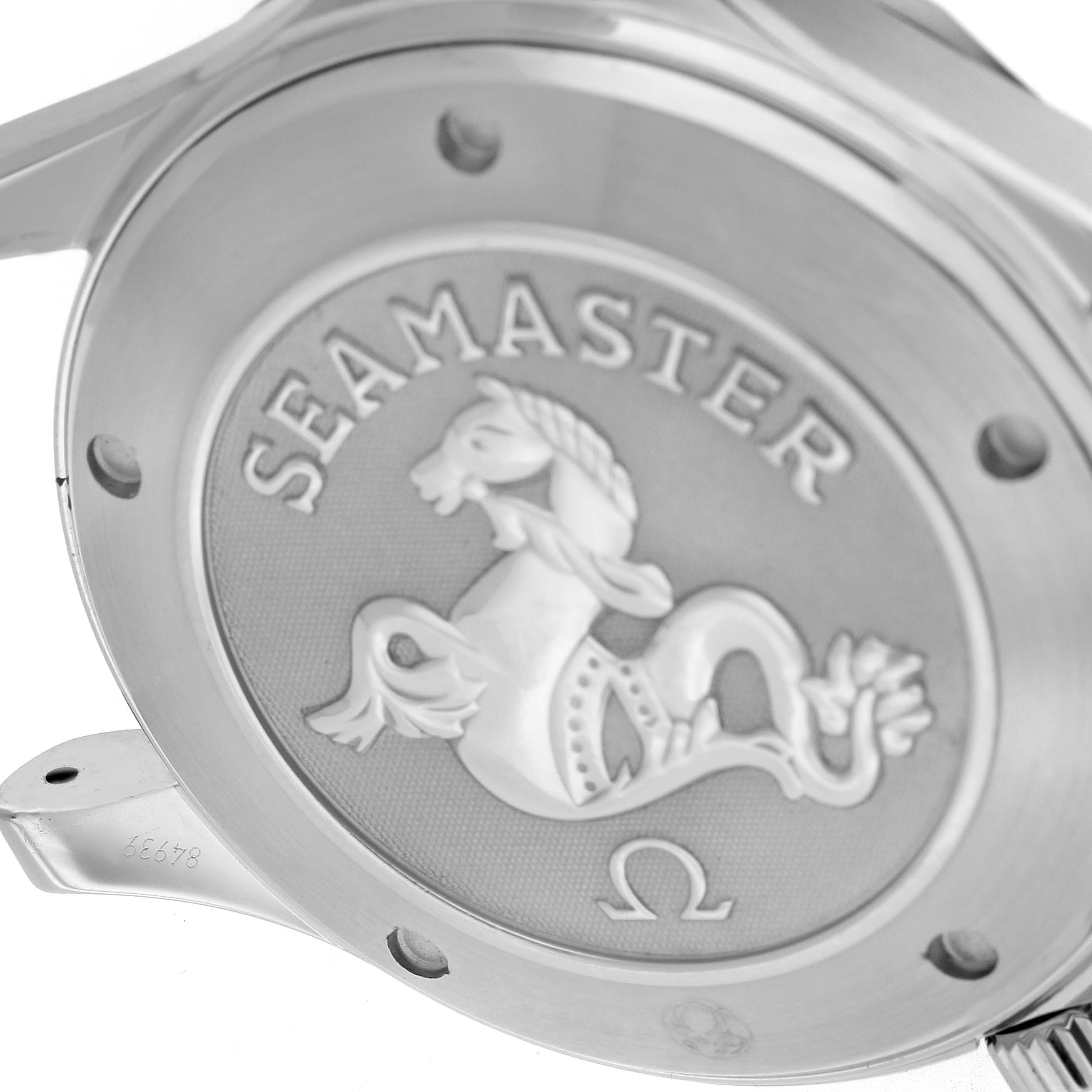 The image shows the case back of an Omega Seamaster 2220.80.00 Men
s Stainless Steel Blue Dial 2220.80.00 Men
s Stainless Steel Blue Dial watch, featuring an engraved logo and text.