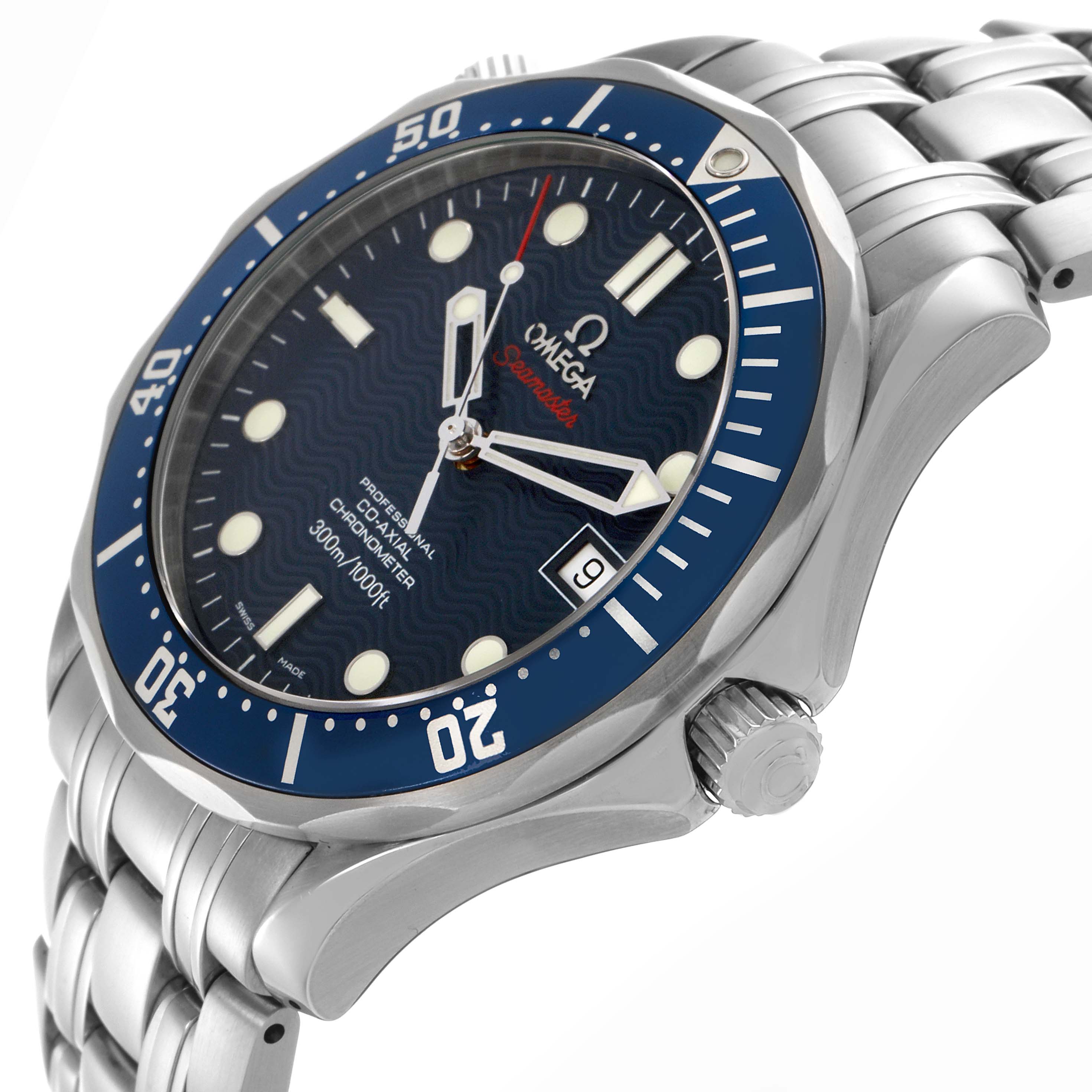 The Omega Seamaster 2220.80.00 Men
s Stainless Steel Blue Dial 2220.80.00 Men
s Stainless Steel Blue Dial watch is shown at an angle highlighting the face, bezel, crown, and stainless steel bracelet.
