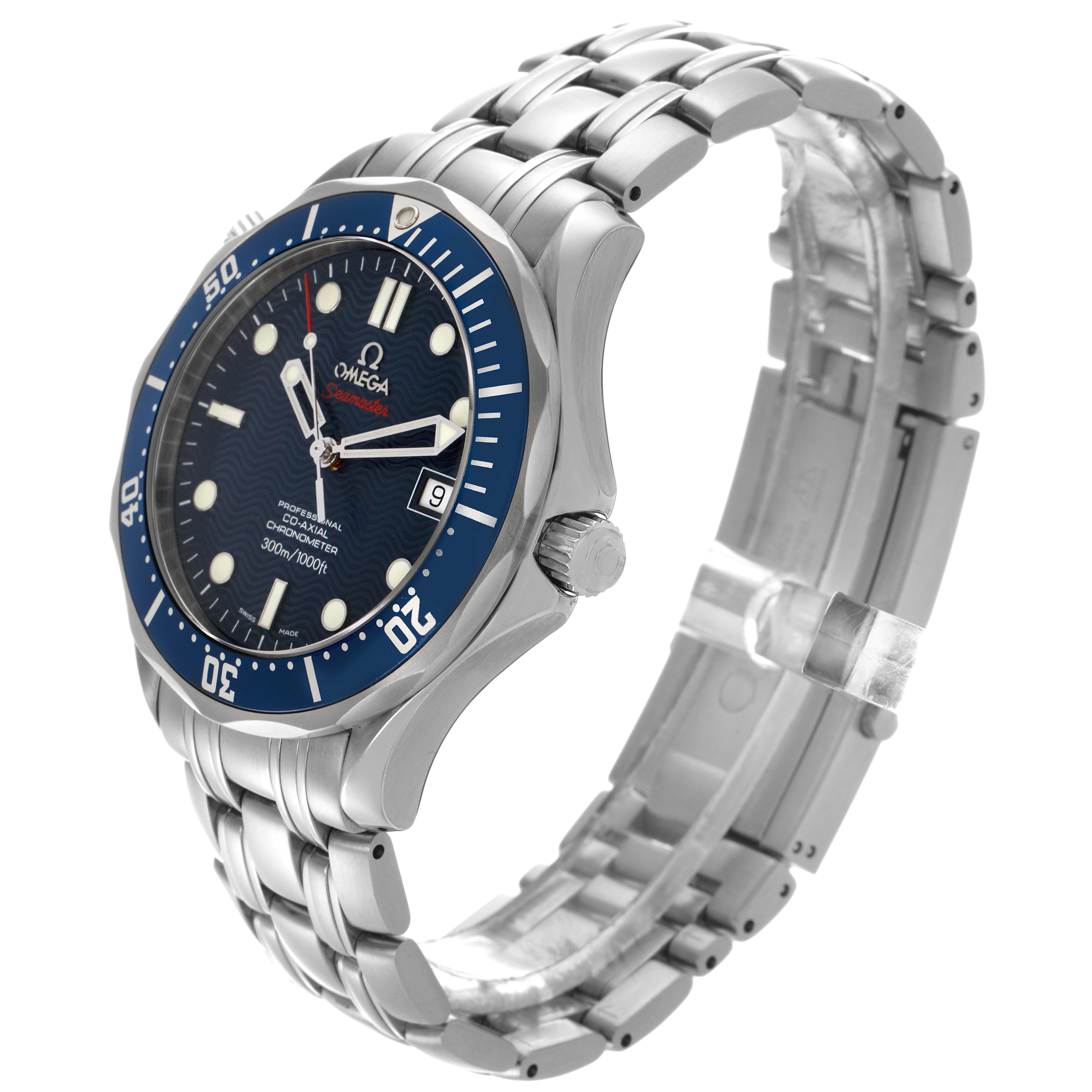 The Omega Seamaster 2220.80.00 Men
s Stainless Steel Blue Dial 2220.80.00 Men
s Stainless Steel Blue Dial watch is shown at a slight angle, revealing the face, bezel, crown, and bracelet in detail.