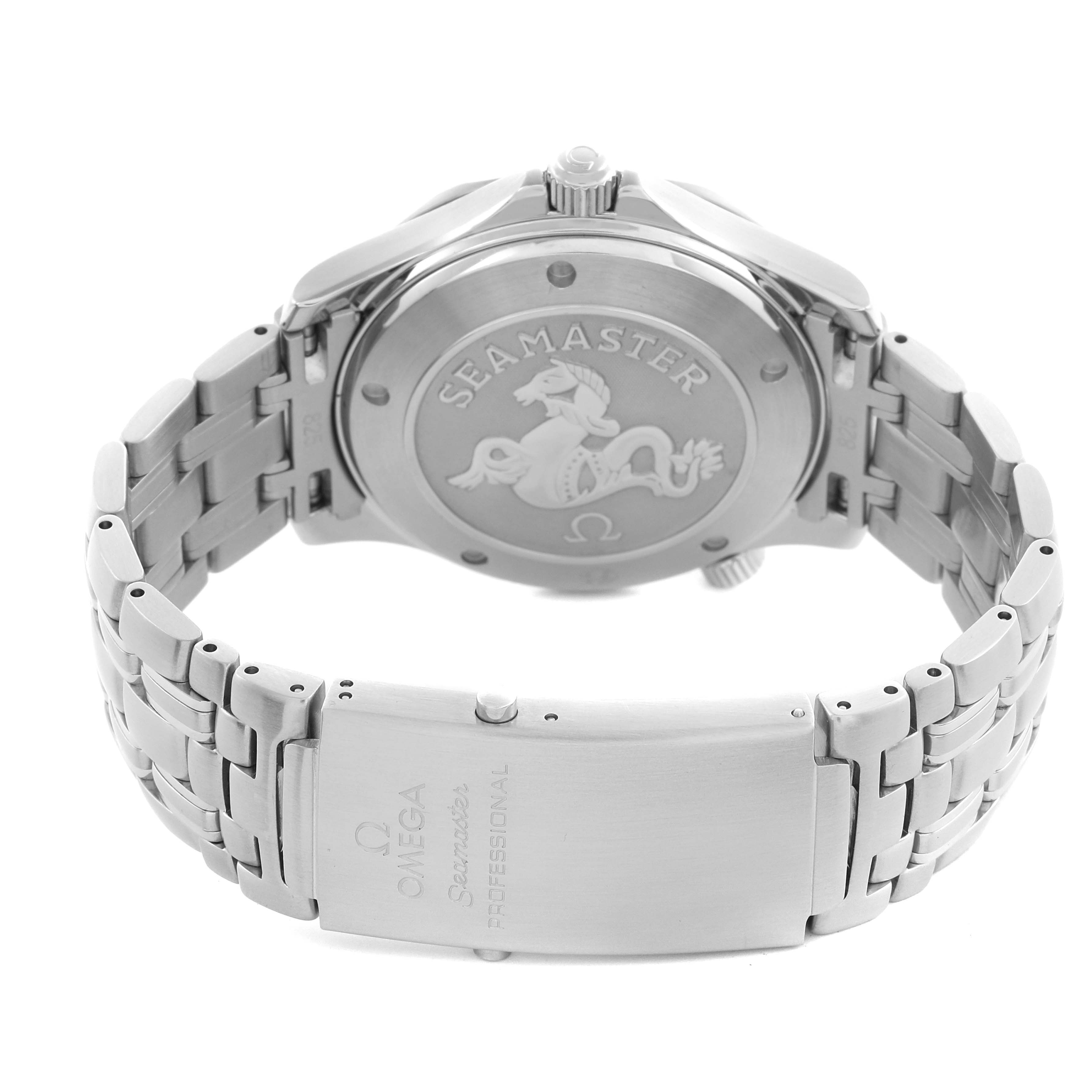 The Omega Seamaster 2220.80.00 Men
s Stainless Steel Blue Dial 2220.80.00 Men
s Stainless Steel Blue Dial watch is shown from the back, highlighting the case back and bracelet clasp.