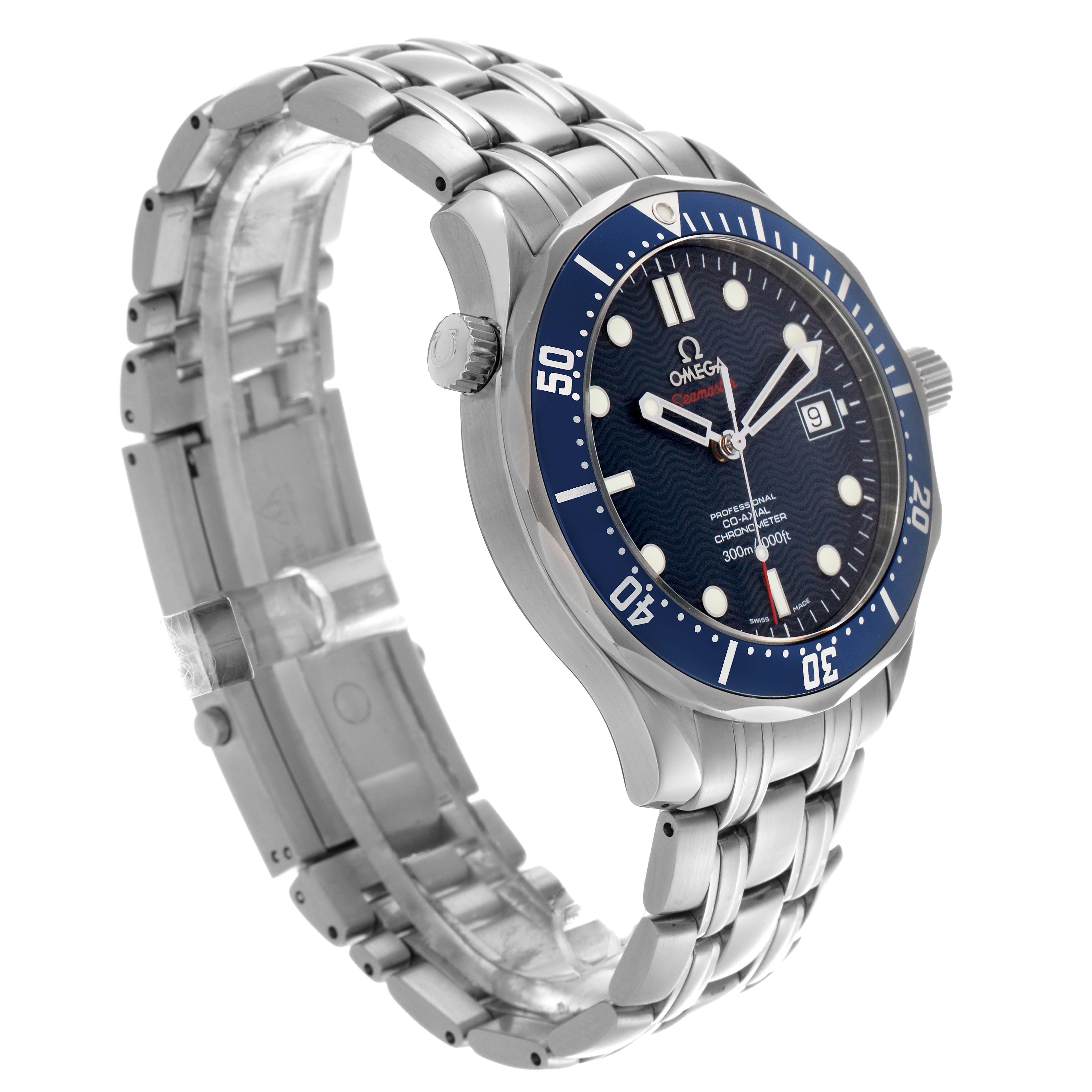 The Omega Seamaster 2220.80.00 Men
s Stainless Steel Blue Dial 2220.80.00 Men
s Stainless Steel Blue Dial watch is shown at a three-quarter angle, highlighting its face, bezel, crown, and bracelet.
