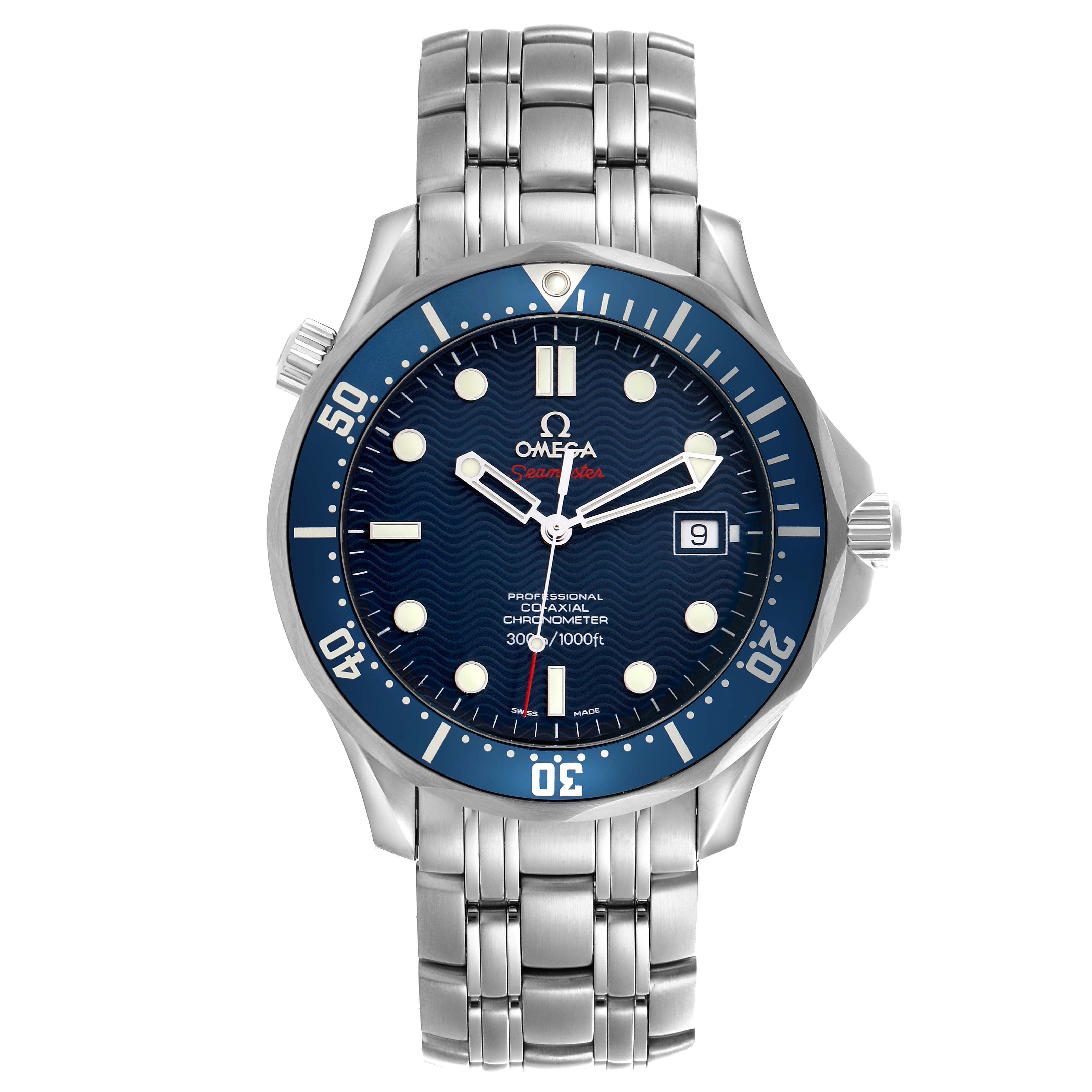 The Omega Seamaster 2220.80.00 Men
s Stainless Steel Blue Dial 2220.80.00 Men
s Stainless Steel Blue Dial watch is shown from a front angle, displaying the case, dial, bezel, bracelet, and crown.