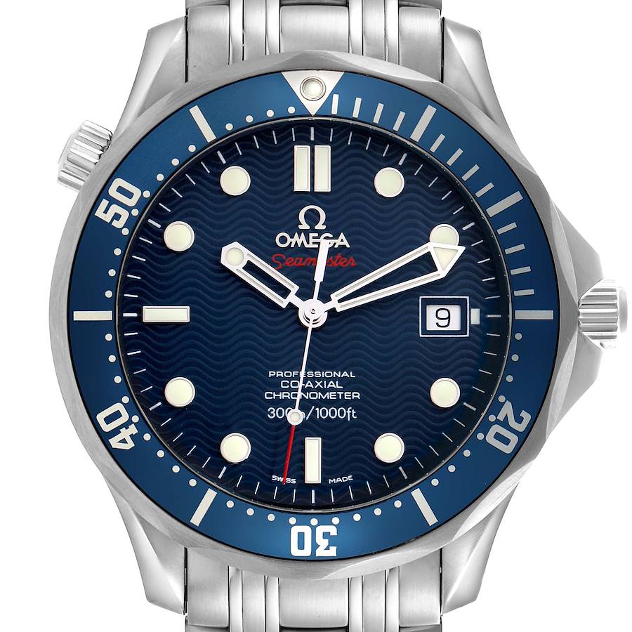 The Omega Seamaster watch is shown from the front, displaying the dial, bezel, and partial bracelet.
