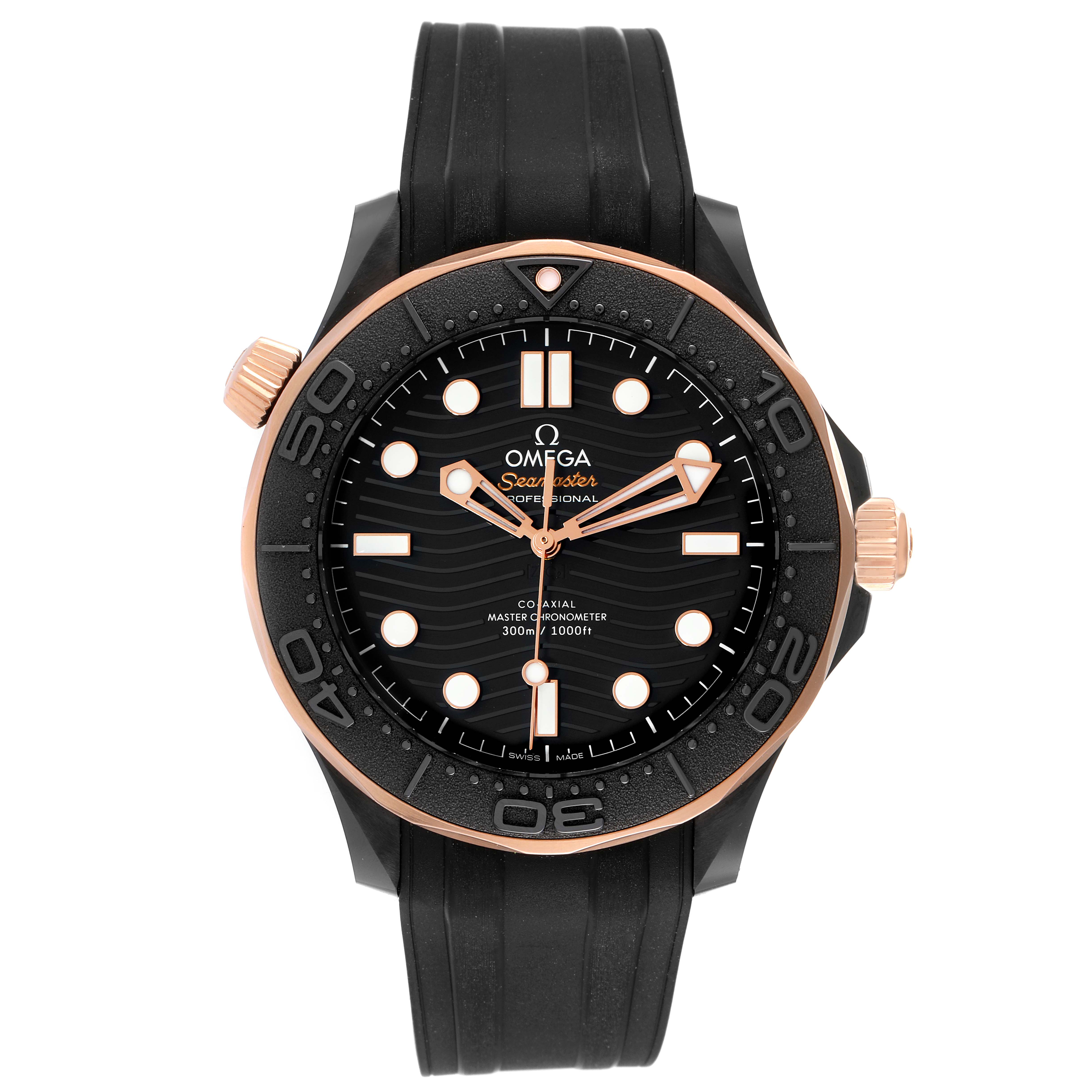 The image shows a frontal view of an Omega Seamaster 210.62.44.20.01.001 Men's Steel and Gold (two tone) Black Dial 210.62.44.20.01.001 Men's Steel and Gold (two tone) Black Dial watch with a black dial and rose gold accents on a black rubber strap.