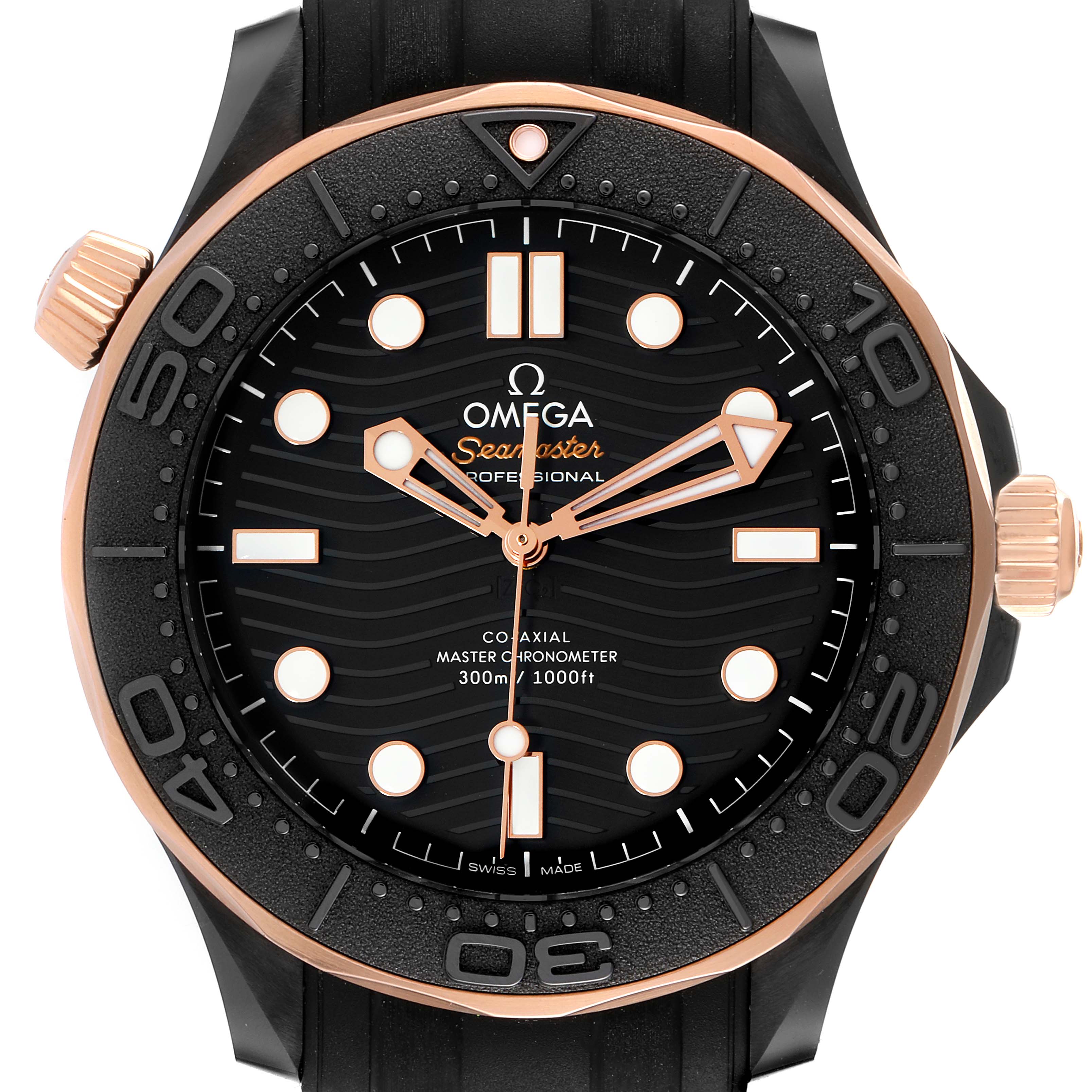 The image features a front view of the Omega Seamaster 210.62.44.20.01.001 Men's Steel and Gold (two tone) Black Dial 210.62.44.20.01.001 Men's Steel and Gold (two tone) Black Dial watch, highlighting the face, bezel, and crown.