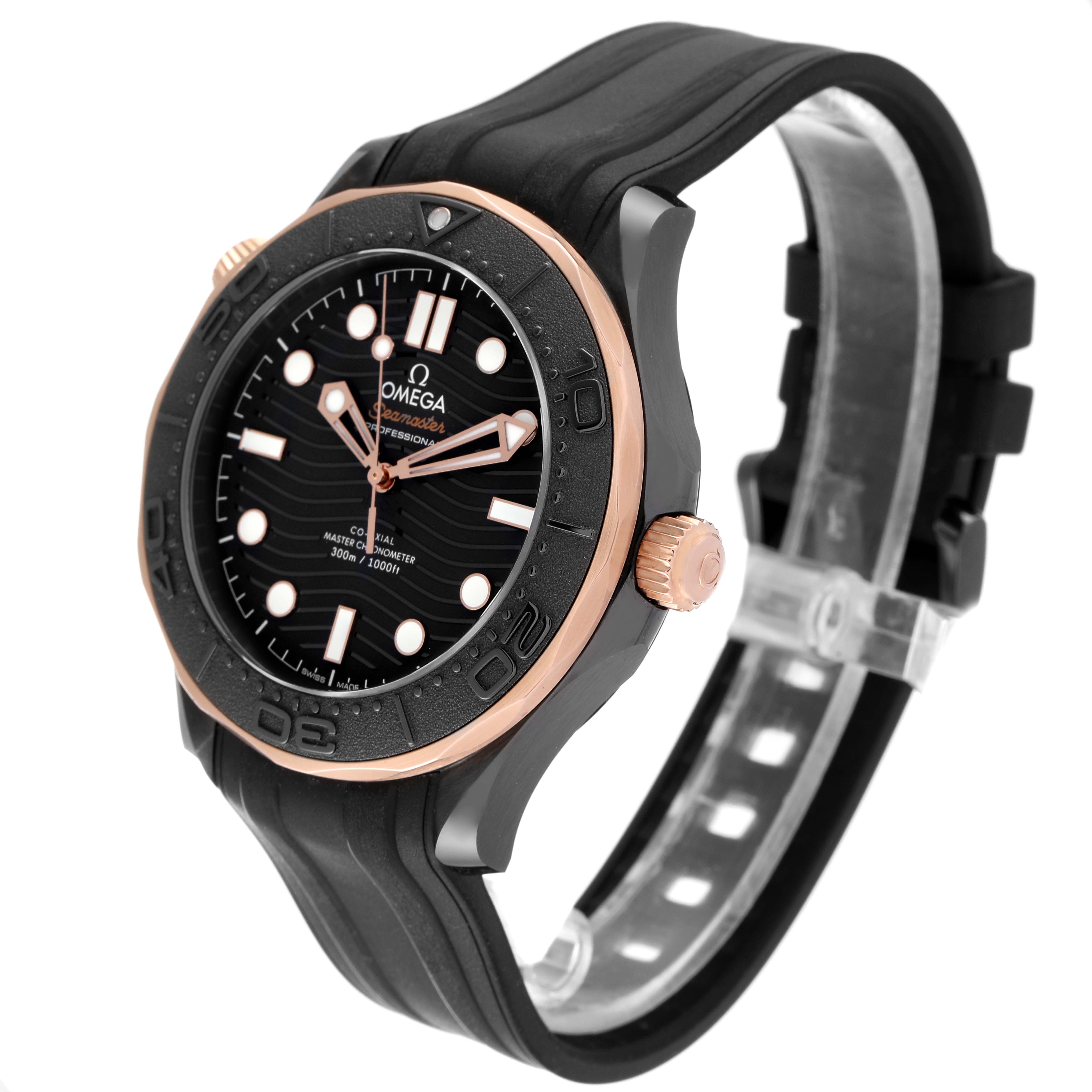 The image shows an angled view of an Omega Seamaster 210.62.44.20.01.001 Men's Steel and Gold (two tone) Black Dial 210.62.44.20.01.001 Men's Steel and Gold (two tone) Black Dial watch, displaying its face, bezel, crown, and black strap.