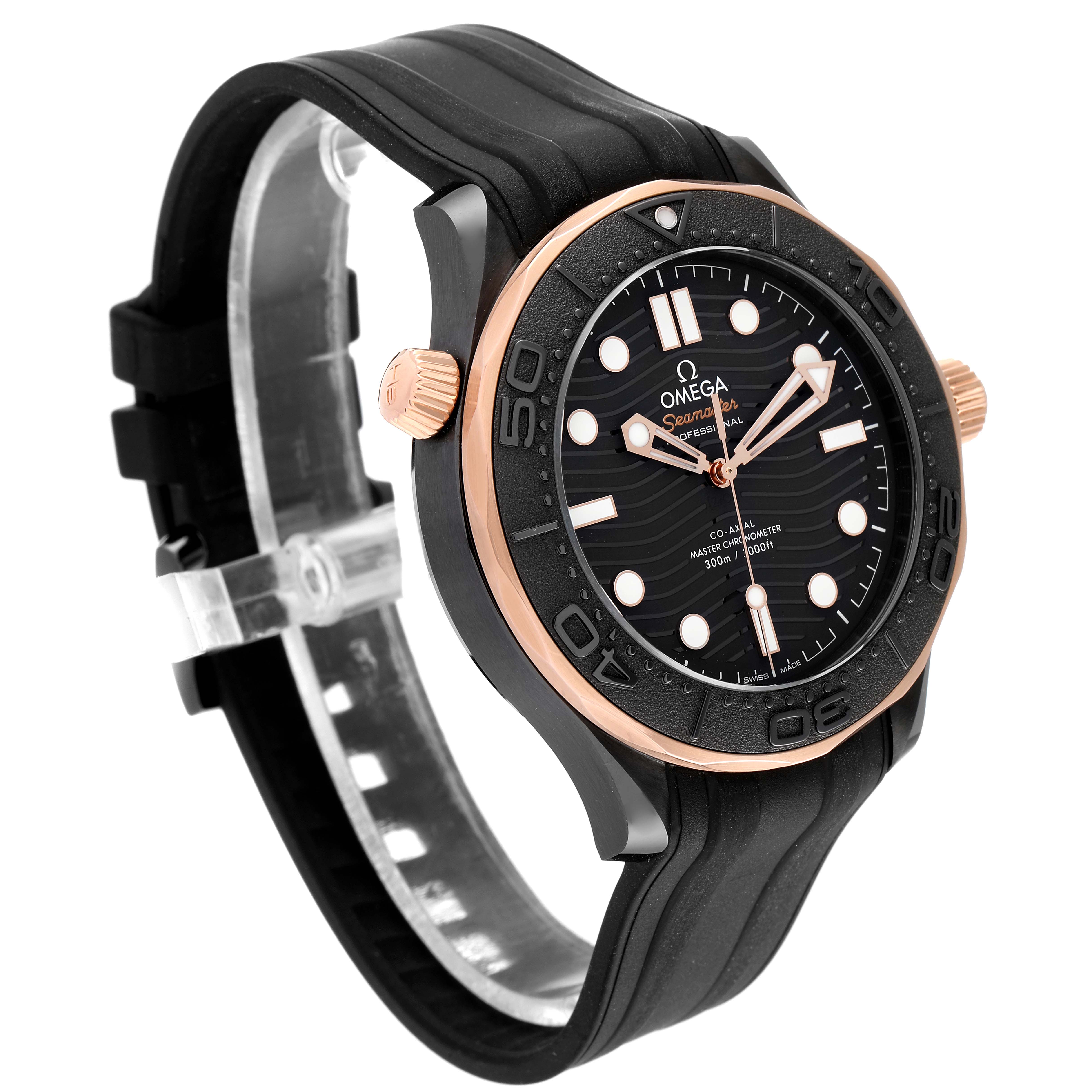 The Omega Seamaster 210.62.44.20.01.001 Men's Steel and Gold (two tone) Black Dial 210.62.44.20.01.001 Men's Steel and Gold (two tone) Black Dial watch shown at an angled side view highlights its black strap, black dial, and rose gold bezel.