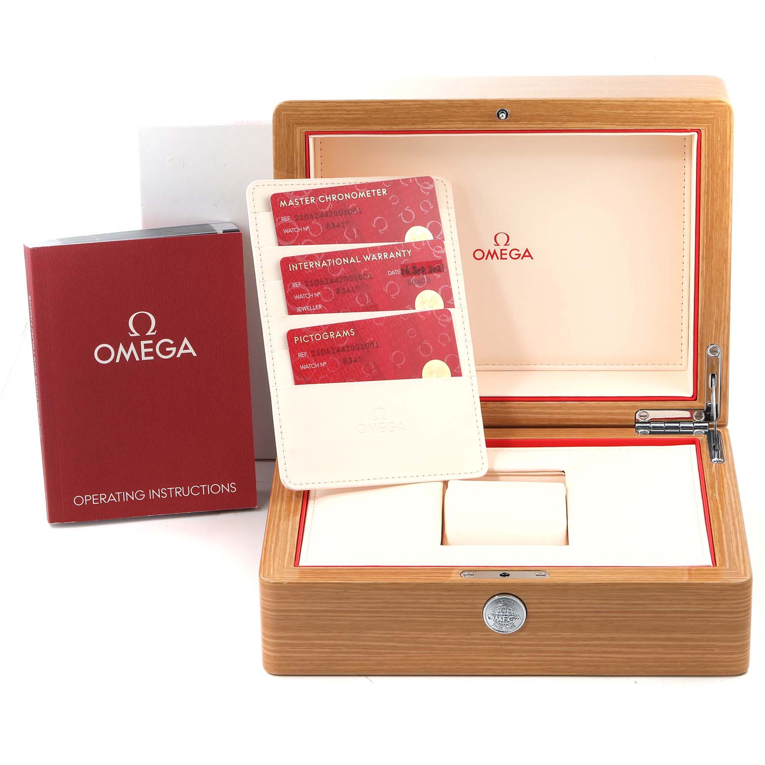 The image shows an Omega Seamaster 210.62.44.20.01.001 Men's Steel and Gold (two tone) Black Dial 210.62.44.20.01.001 Men's Steel and Gold (two tone) Black Dial watch box, operating instructions, and warranty cards.