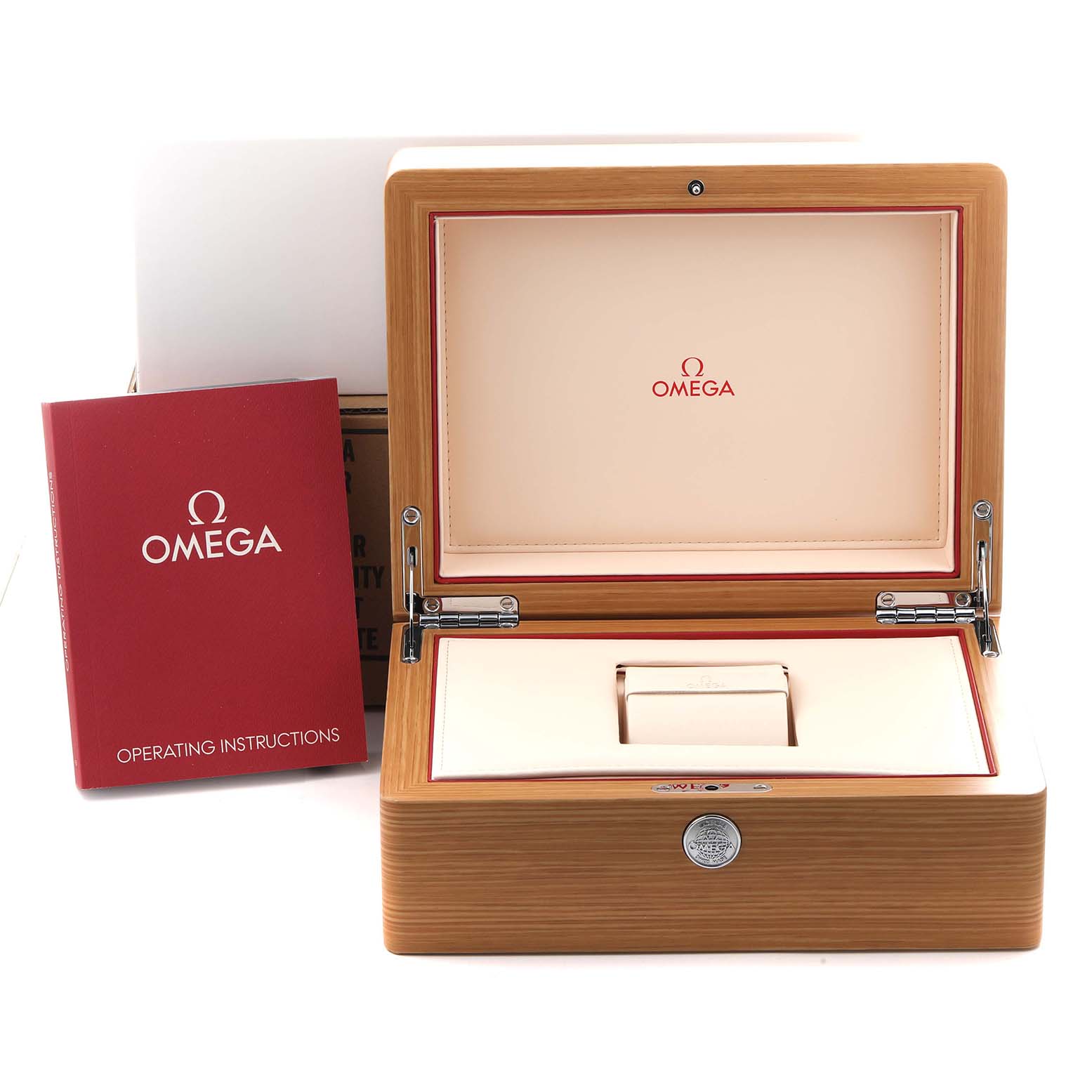 The image shows an open Omega Seamaster 212.30.44.52.01.001 Men
s Stainless Steel Black Dial 212.30.44.52.01.001 Men
s Stainless Steel Black Dial watch box with operating instructions placed beside it.